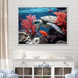 Monochrome Coral And Grey Turtle Paddle - Turtle Canvas Wall Art