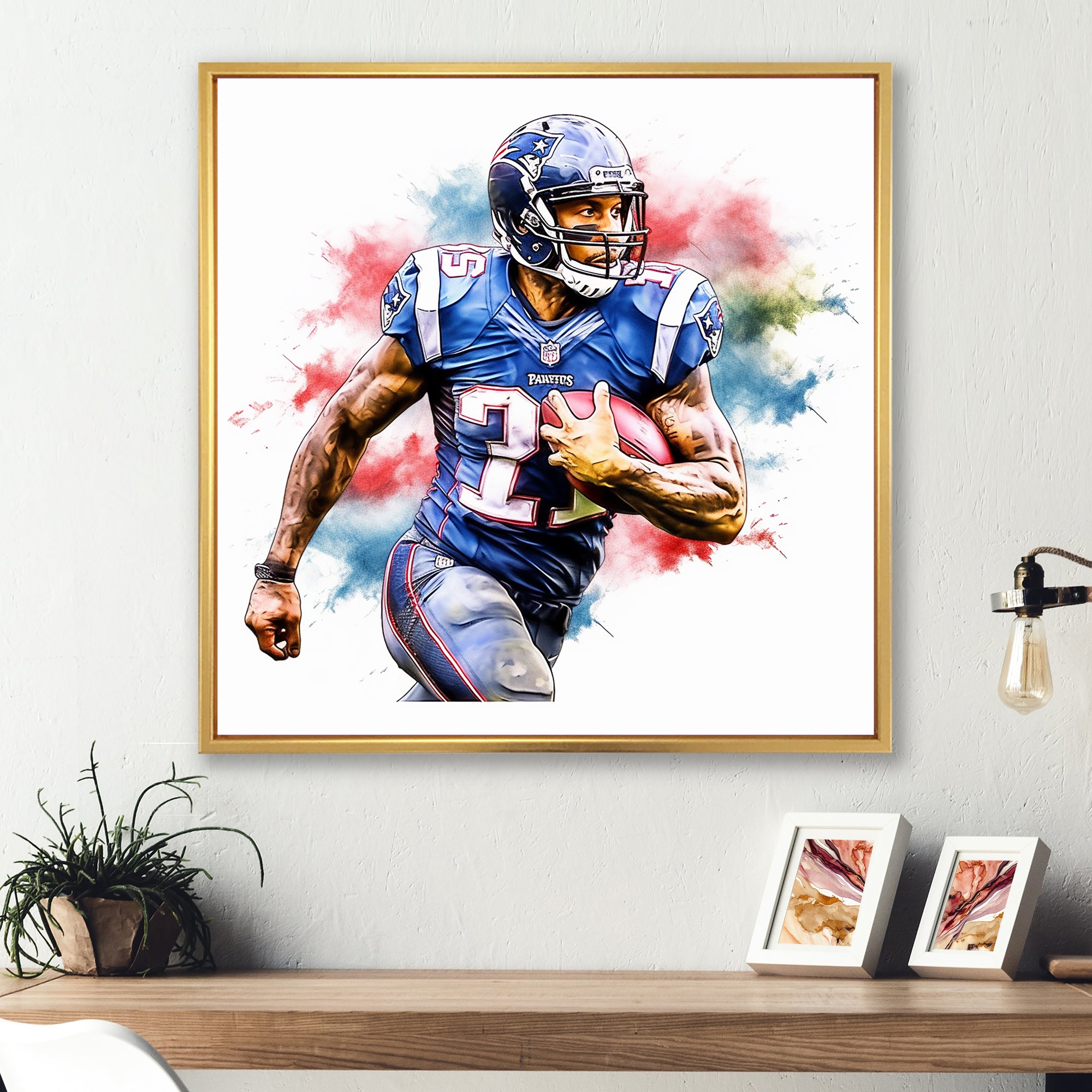 Watercolor Football Player In Action - Football Canvas Wall Art