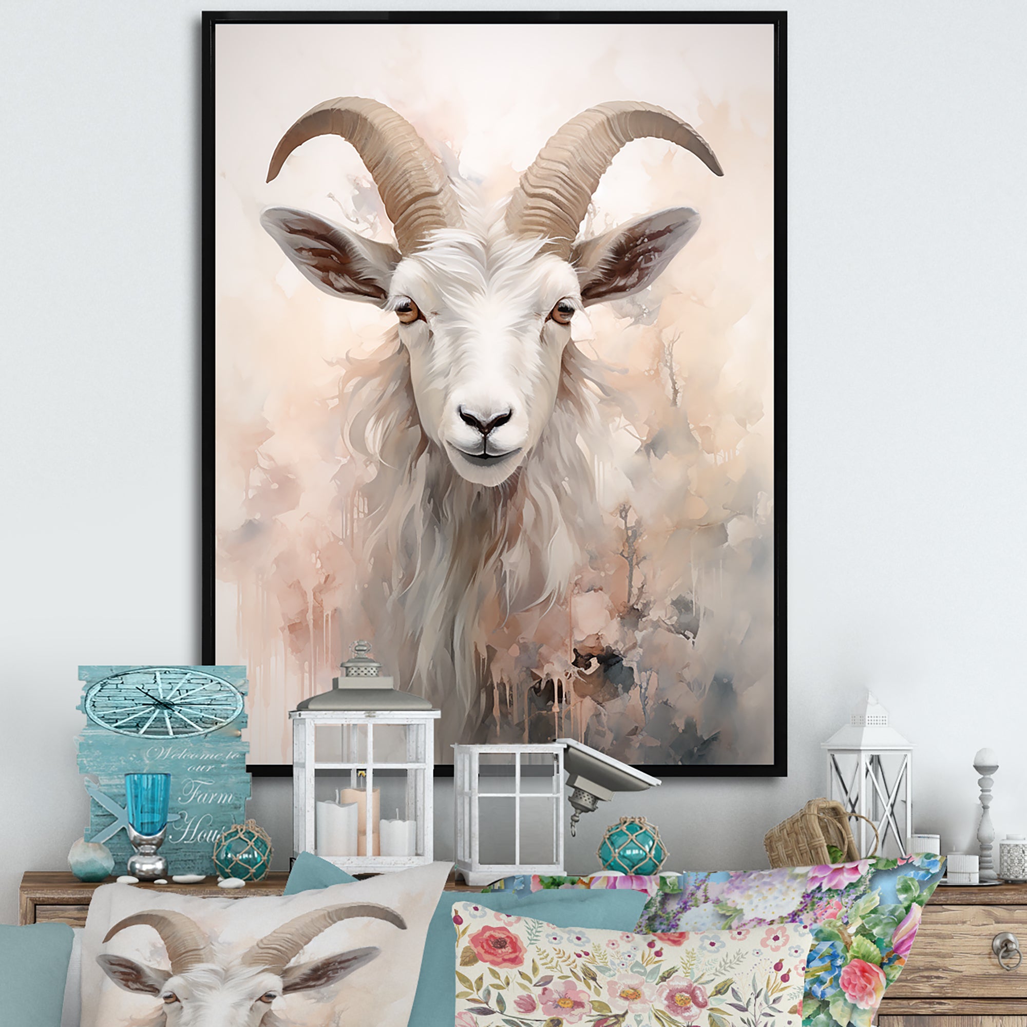 Cute Floral Beige Goat - Goat Canvas Wall Art