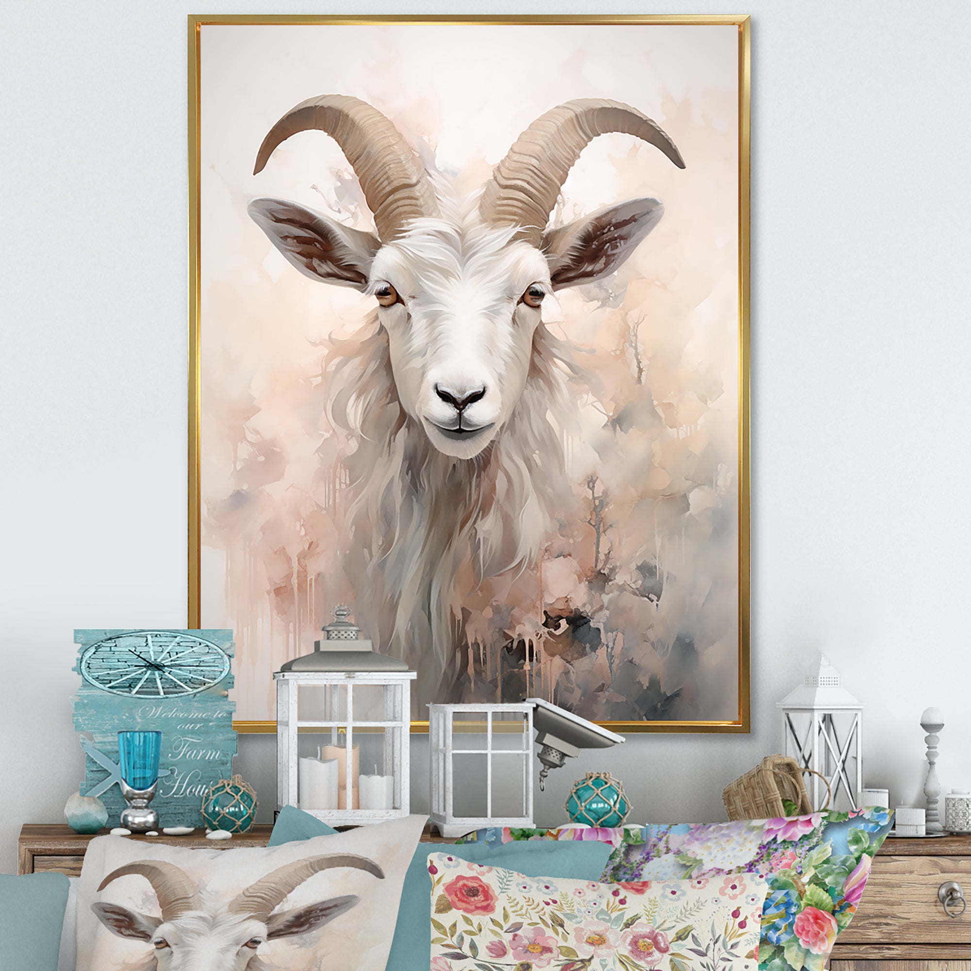 Cute Floral Beige Goat - Goat Canvas Wall Art