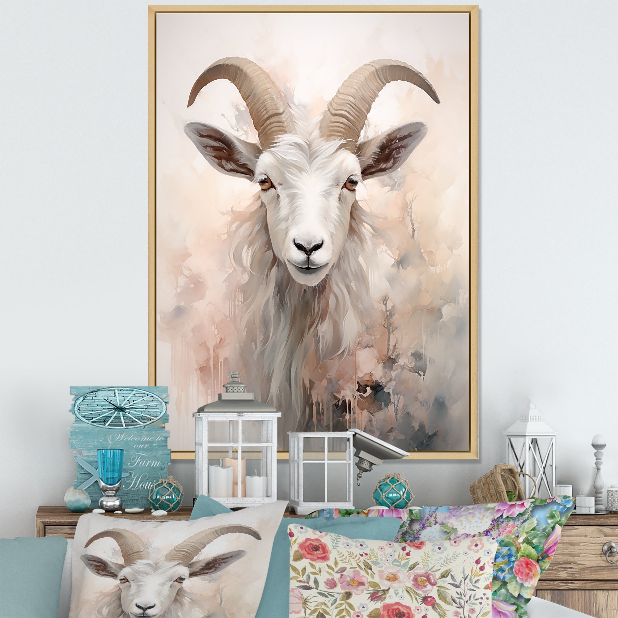 Cute Floral Beige Goat - Goat Canvas Wall Art