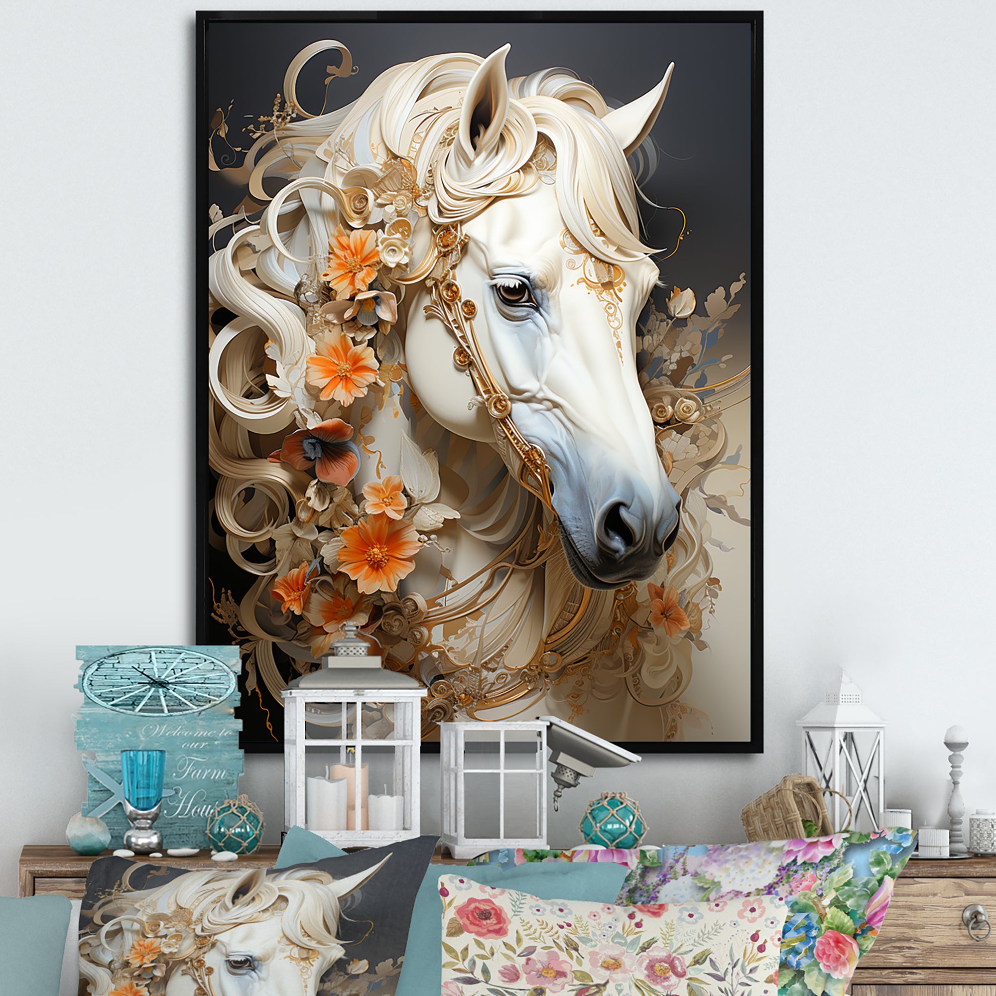 Floral Golden Feminine Horse - Beige Horse Wall Art