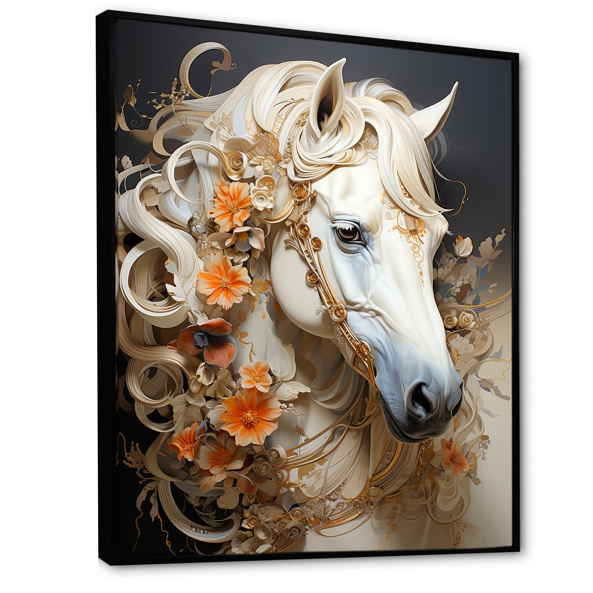 Floral Golden Feminine Horse - Beige Horse Wall Art
