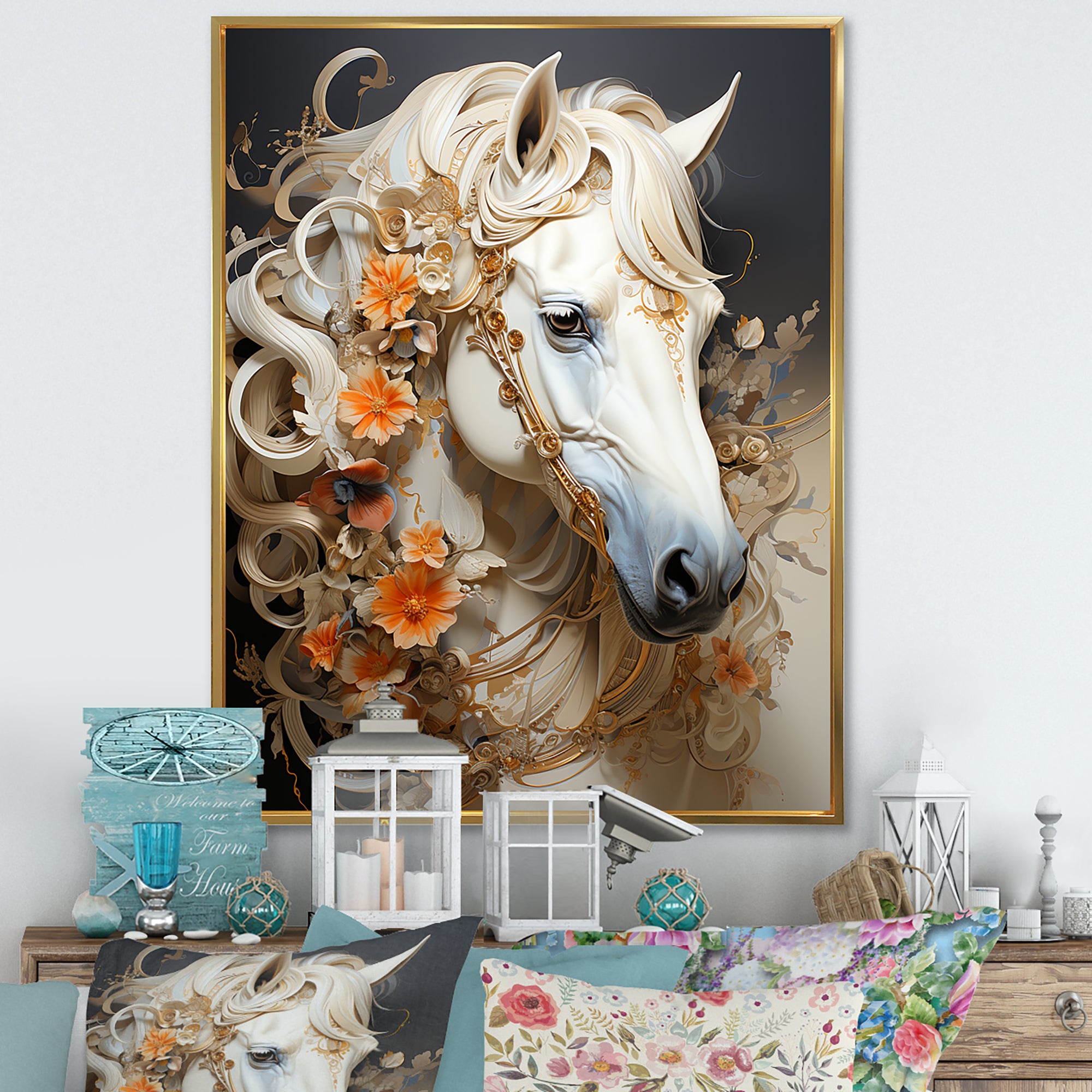 Floral Golden Feminine Horse - Beige Horse Wall Art
