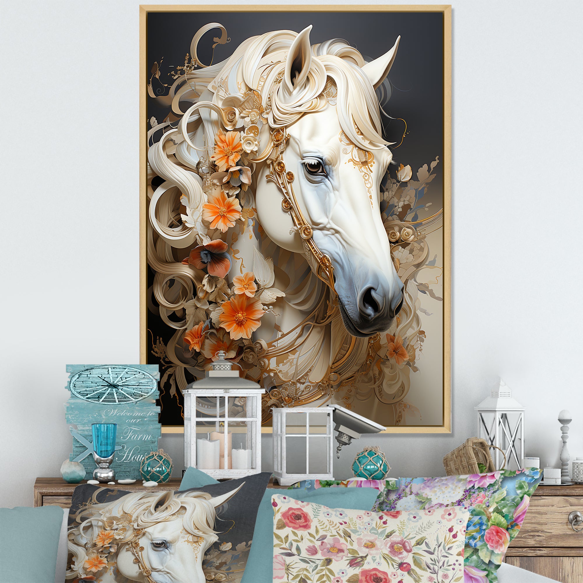 Floral Golden Feminine Horse - Beige Horse Wall Art
