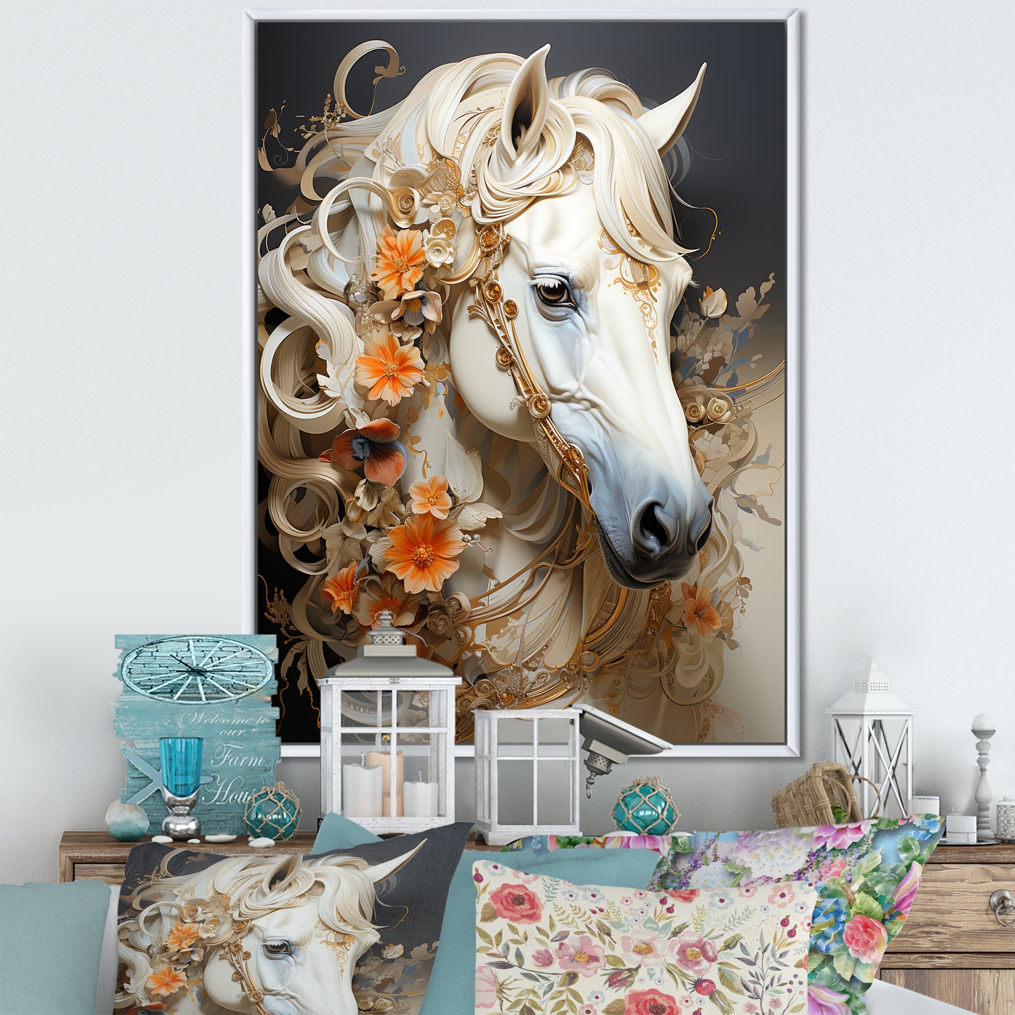 Floral Golden Feminine Horse - Beige Horse Wall Art