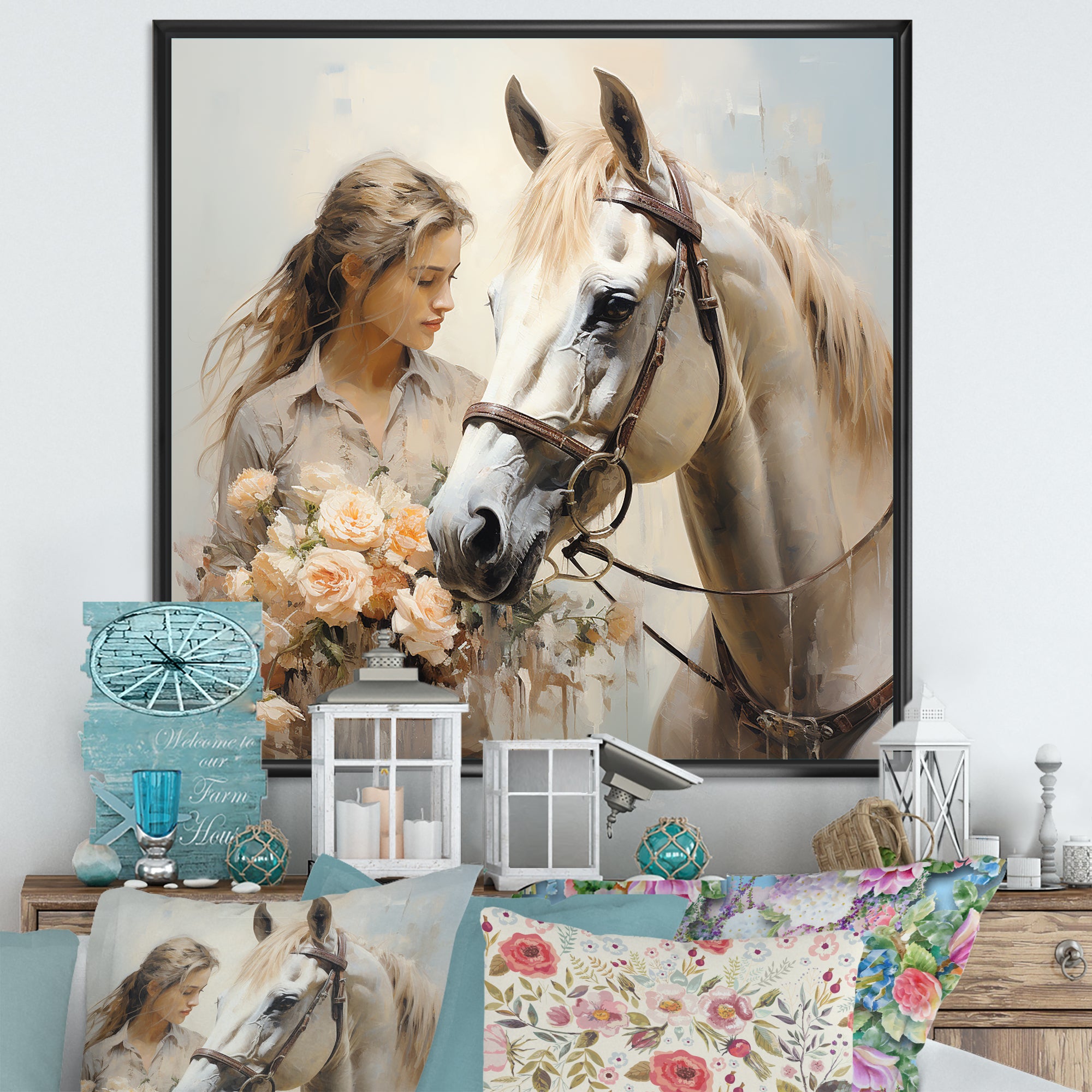 Playful Flower Horse Beauty - Beige Horse Wall Art