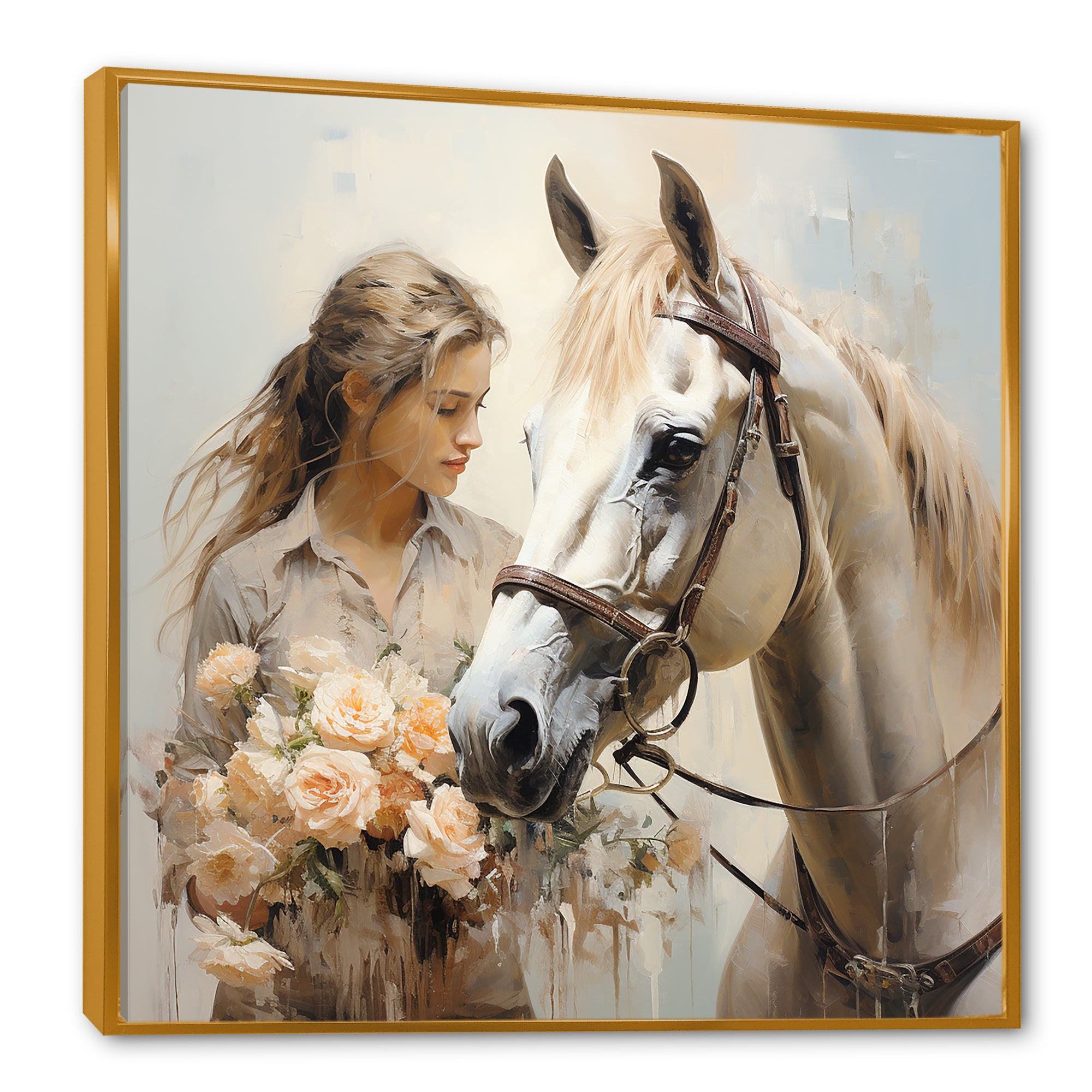 Playful Flower Horse Beauty - Beige Horse Wall Art