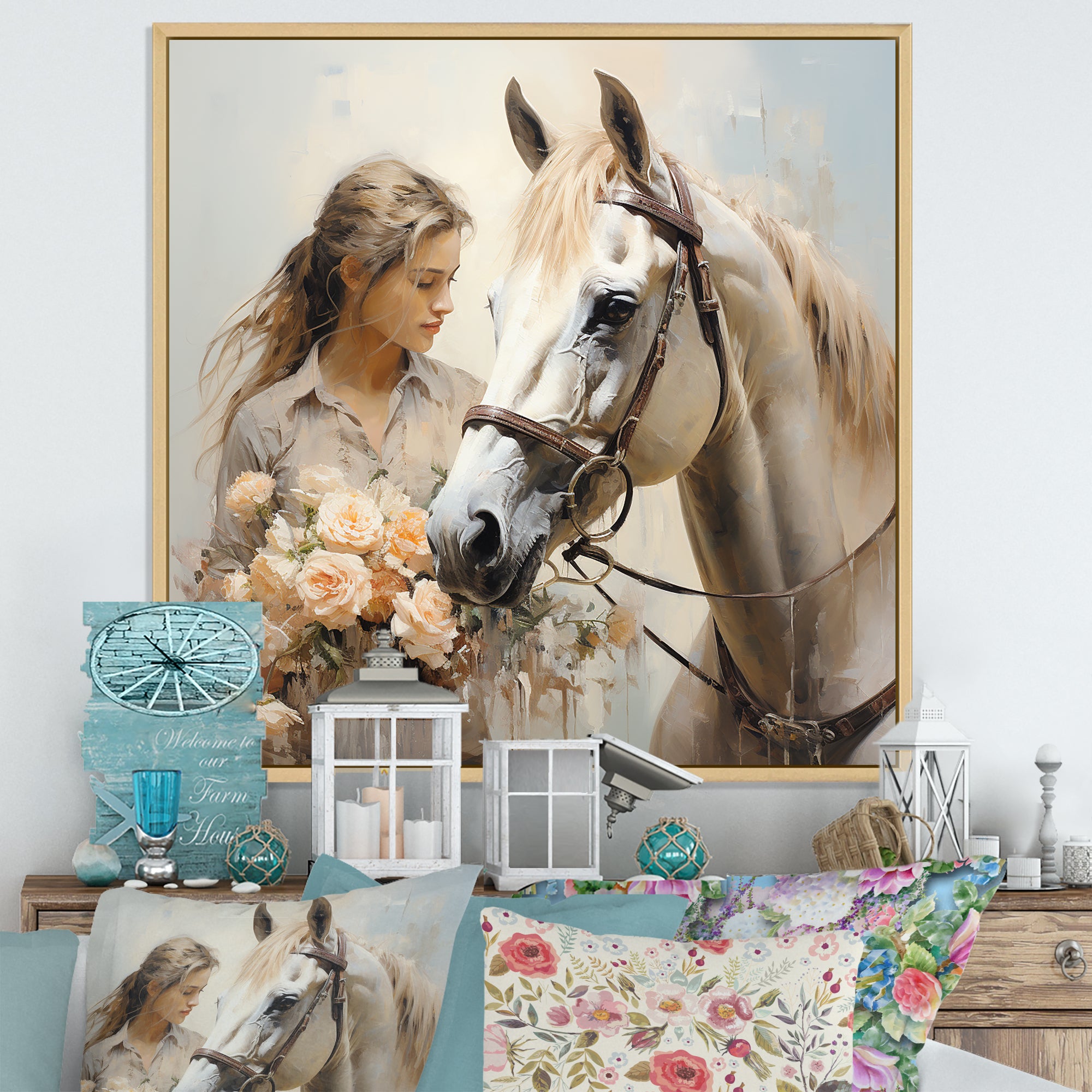 Playful Flower Horse Beauty - Beige Horse Wall Art