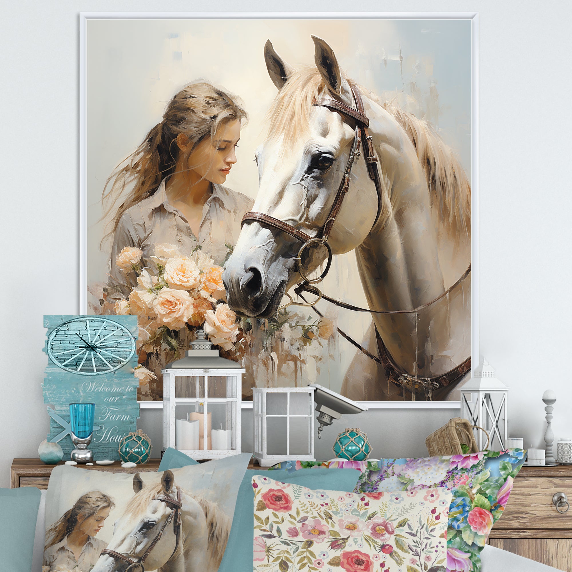 Playful Flower Horse Beauty - Beige Horse Wall Art