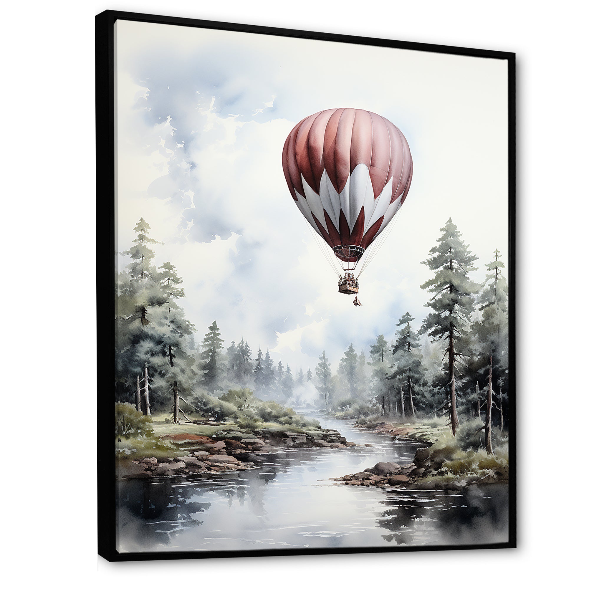 Monochrome Forest Balloon Flight - Hot Air Balloon Canvas Wall Art