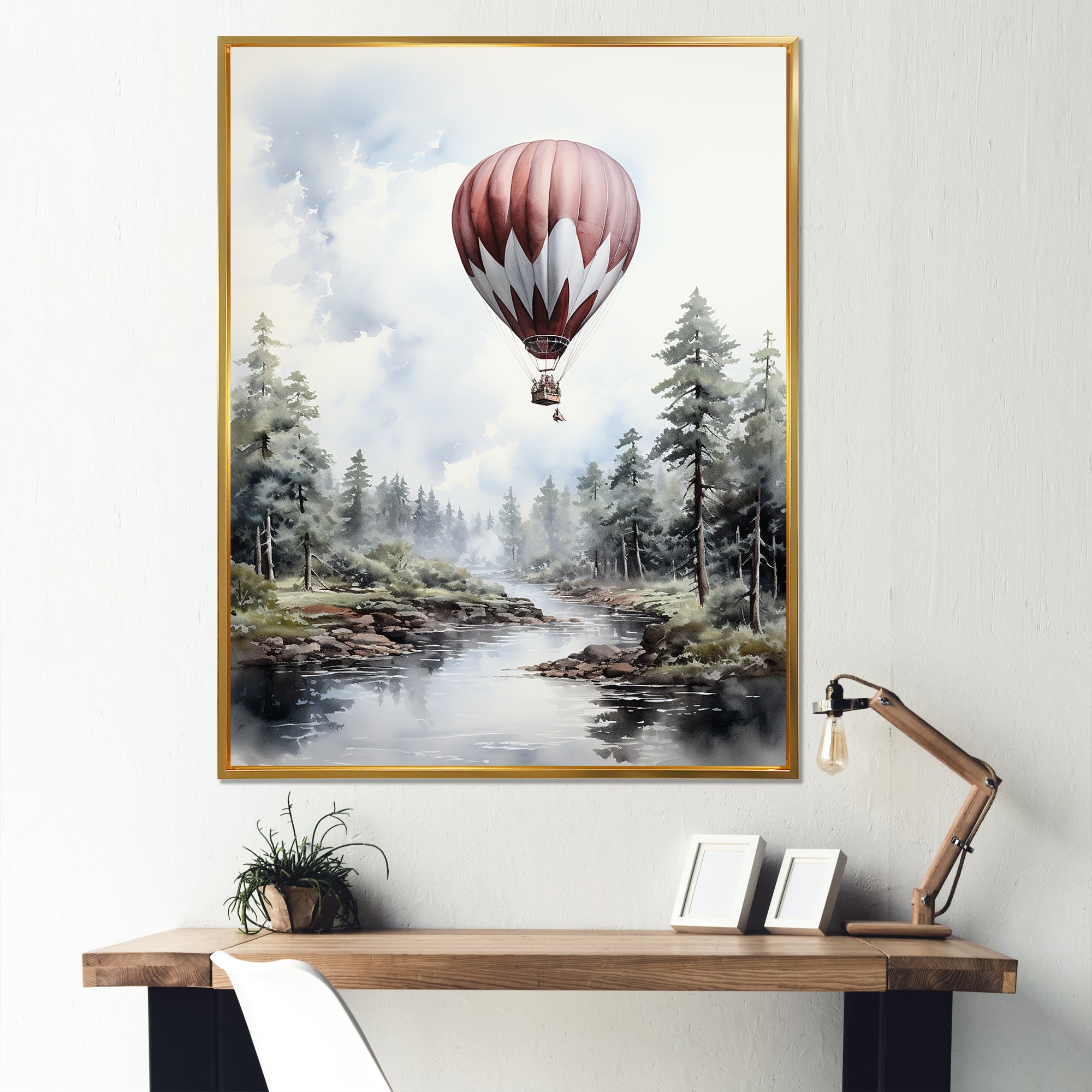 Monochrome Forest Balloon Flight - Hot Air Balloon Canvas Wall Art