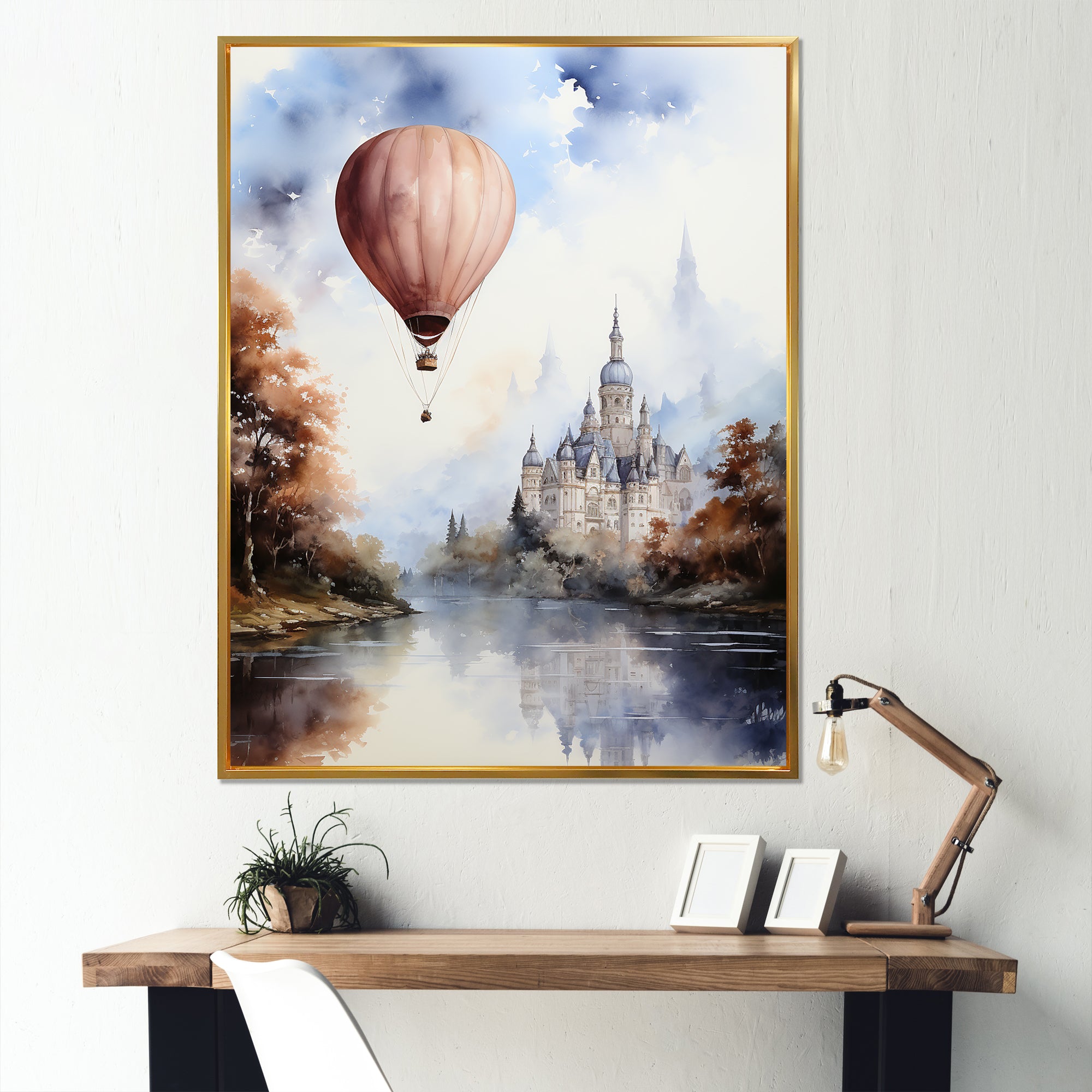 Monochrome Castle Balloon Flight - Hot Air Balloon Canvas Wall Art