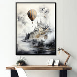 Monochrome Moody Castle Balloon Flight - Hot Air Balloon Canvas Wall Art
