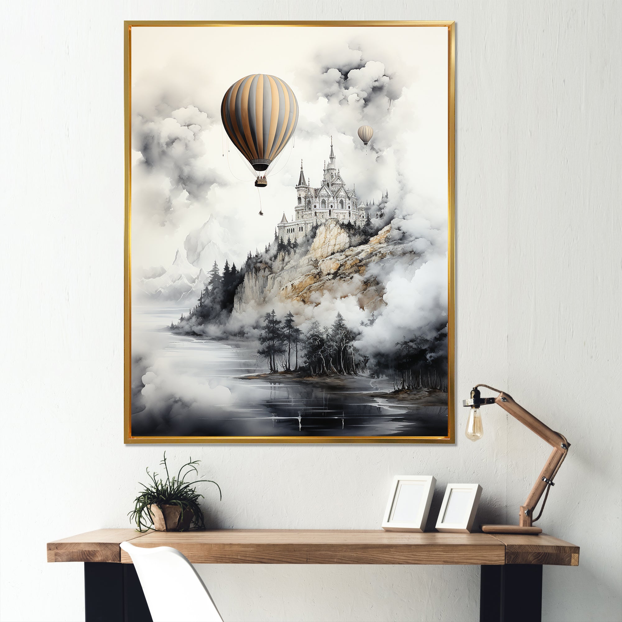 Monochrome Moody Castle Balloon Flight - Hot Air Balloon Canvas Wall Art
