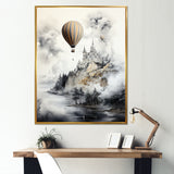 Monochrome Moody Castle Balloon Flight - Hot Air Balloon Canvas Wall Art