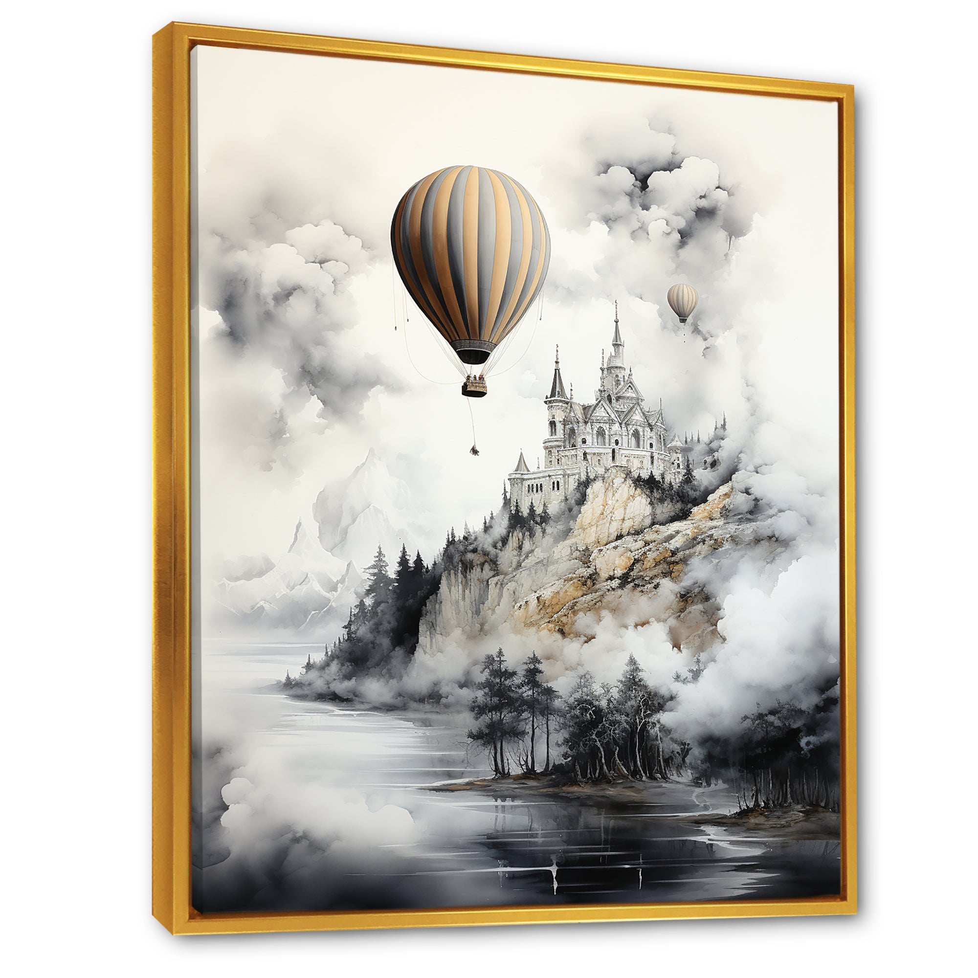 Monochrome Moody Castle Balloon Flight - Hot Air Balloon Canvas Wall Art
