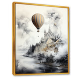 Monochrome Moody Castle Balloon Flight - Hot Air Balloon Canvas Wall Art
