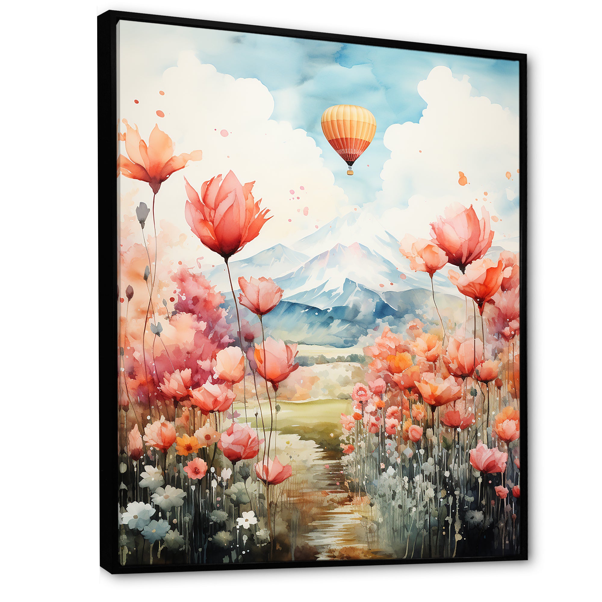 Floral Fields Hot Air Ballon Colorful Ascent - Hot Air Balloon Canvas Wall Art