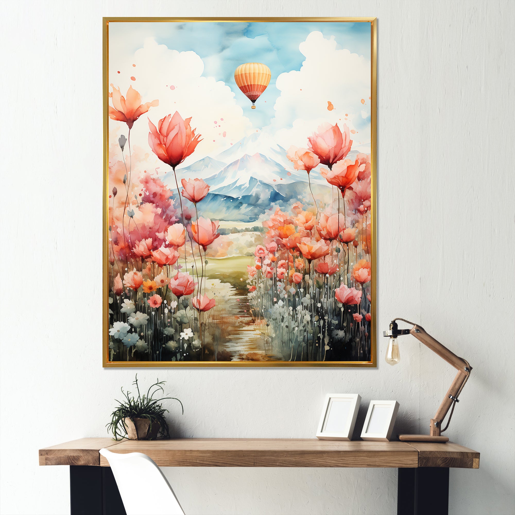 Floral Fields Hot Air Ballon Colorful Ascent - Hot Air Balloon Canvas Wall Art