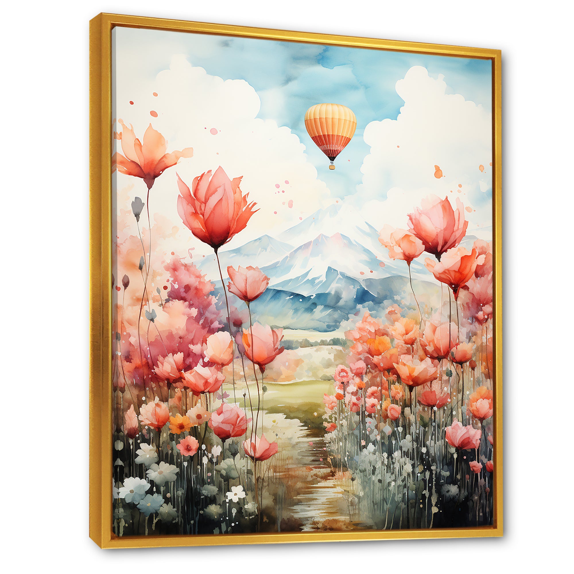 Floral Fields Hot Air Ballon Colorful Ascent - Hot Air Balloon Canvas Wall Art