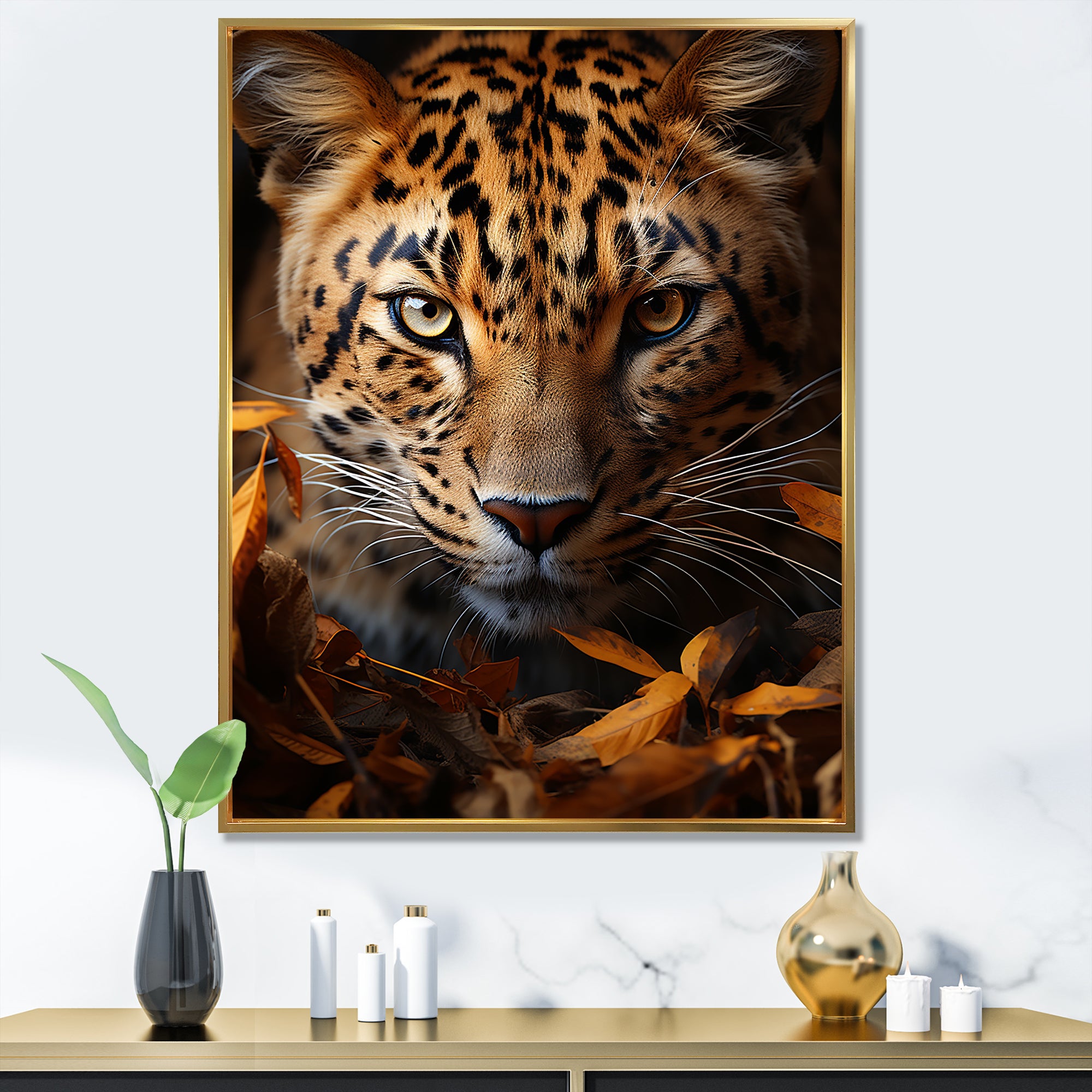 Leopard Golden Stalker Portrait Gaze - Leopard Living Room Wall Art
