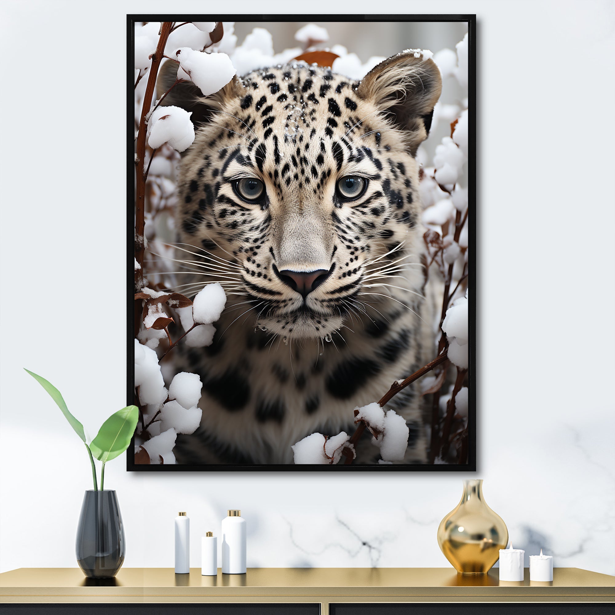 Subdued Majesty Leopard Snow Charm - Leopard Living Room Wall Art