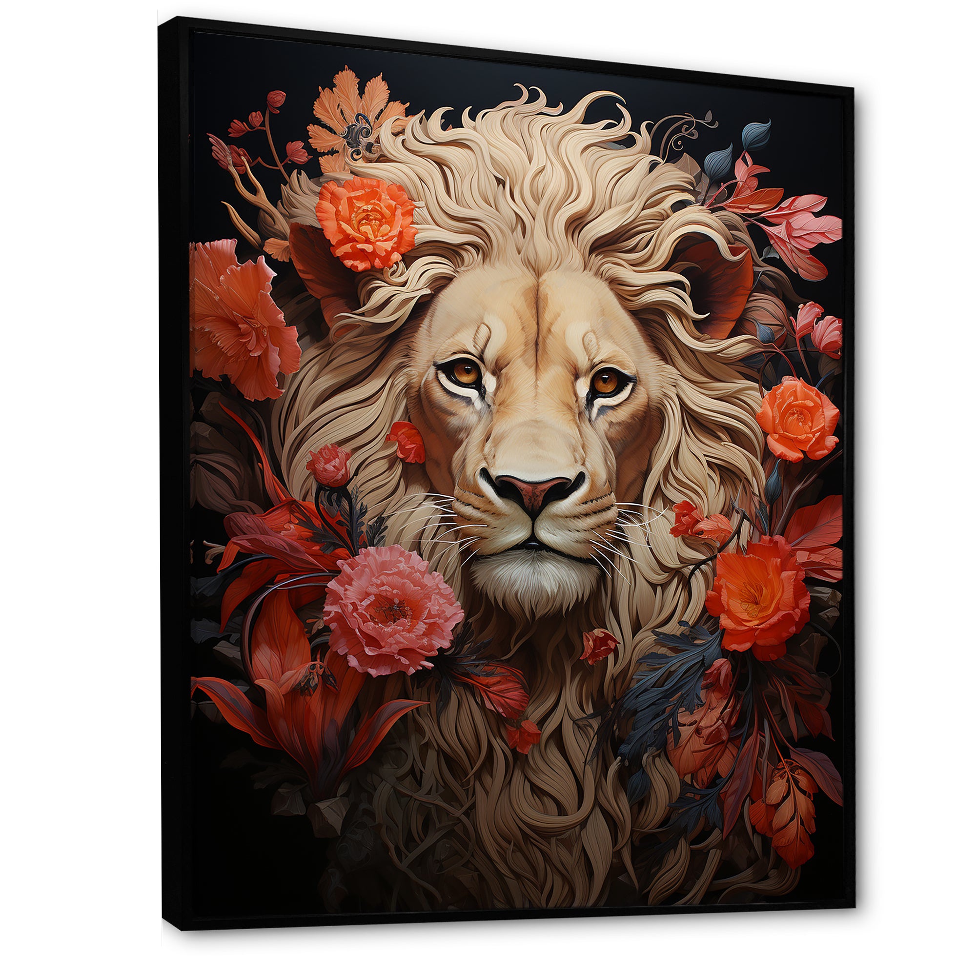 Fierce Guardian Blooming Lion - Lion Framed Canvas Art