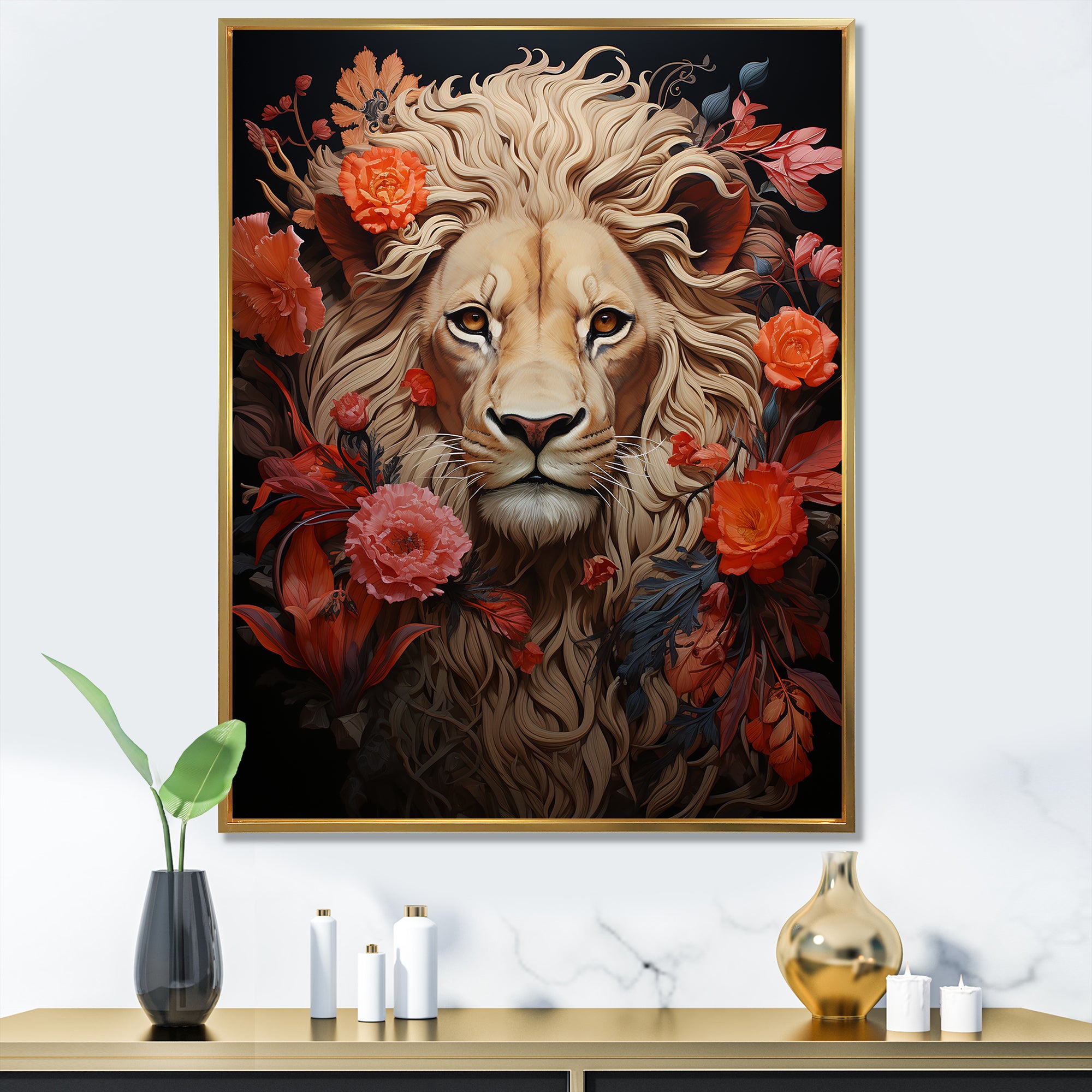 Fierce Guardian Blooming Lion - Lion Framed Canvas Art