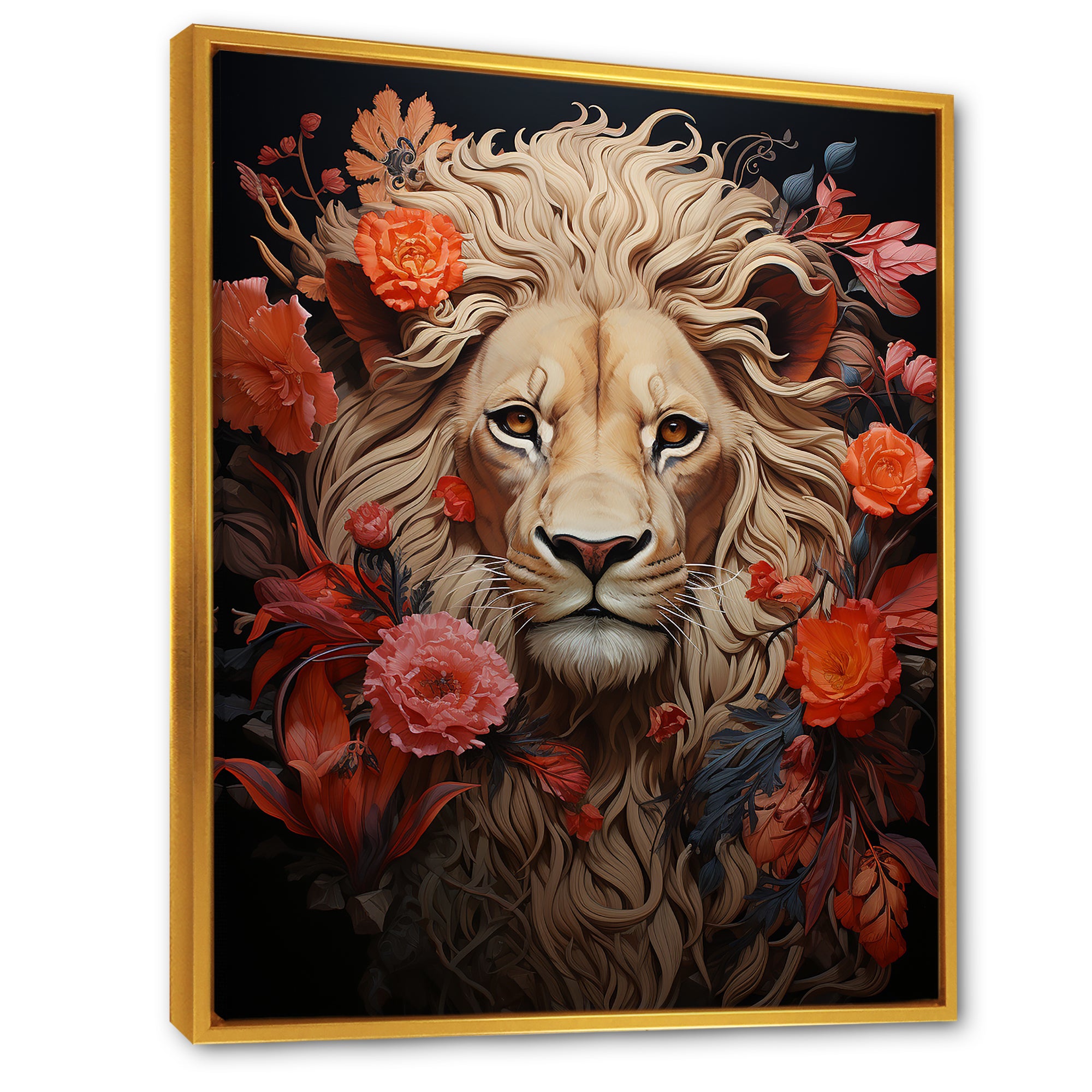 Fierce Guardian Blooming Lion - Lion Framed Canvas Art