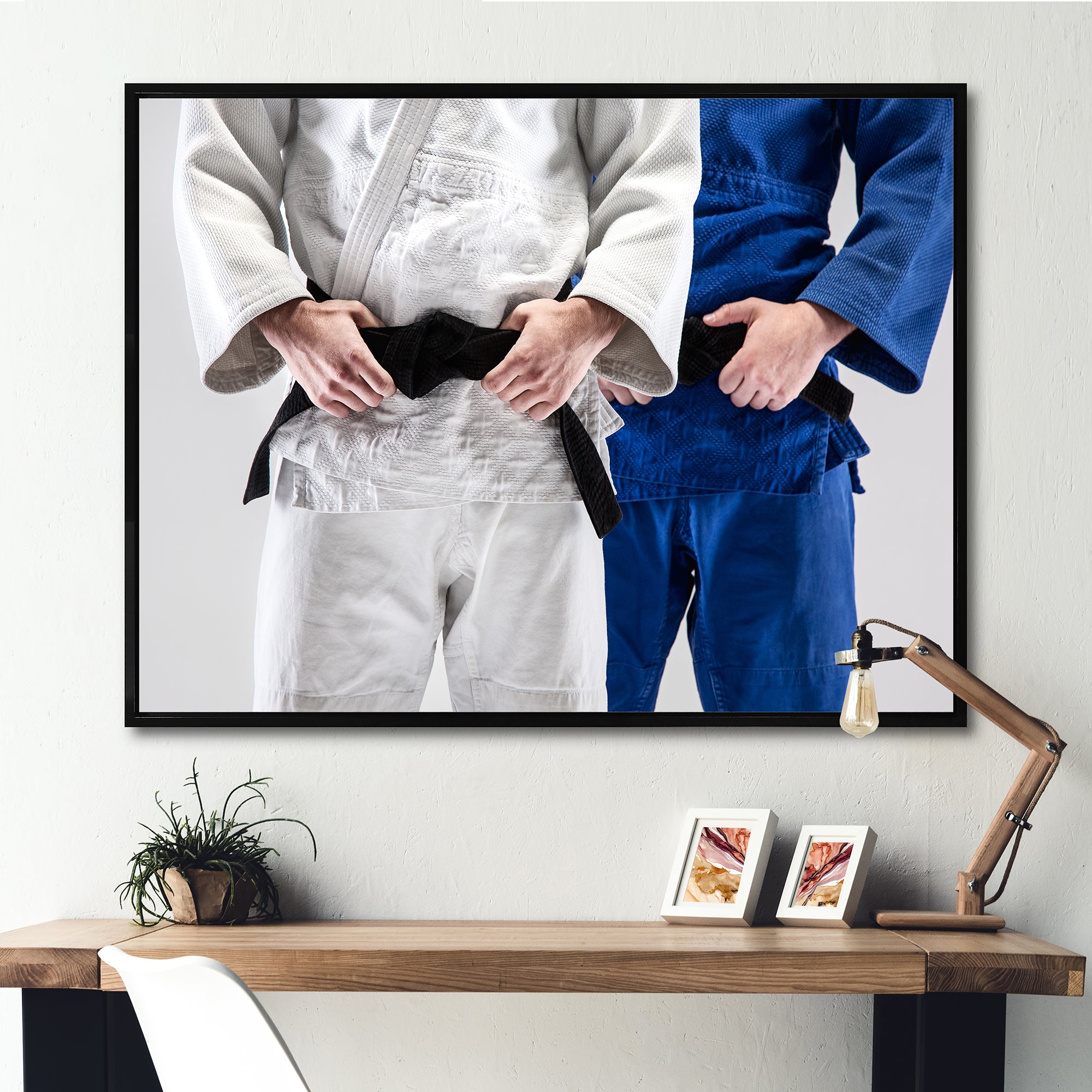 Fighting Judokas Fight Pose Black Belts. - Martial Arts Canvas Wall Art