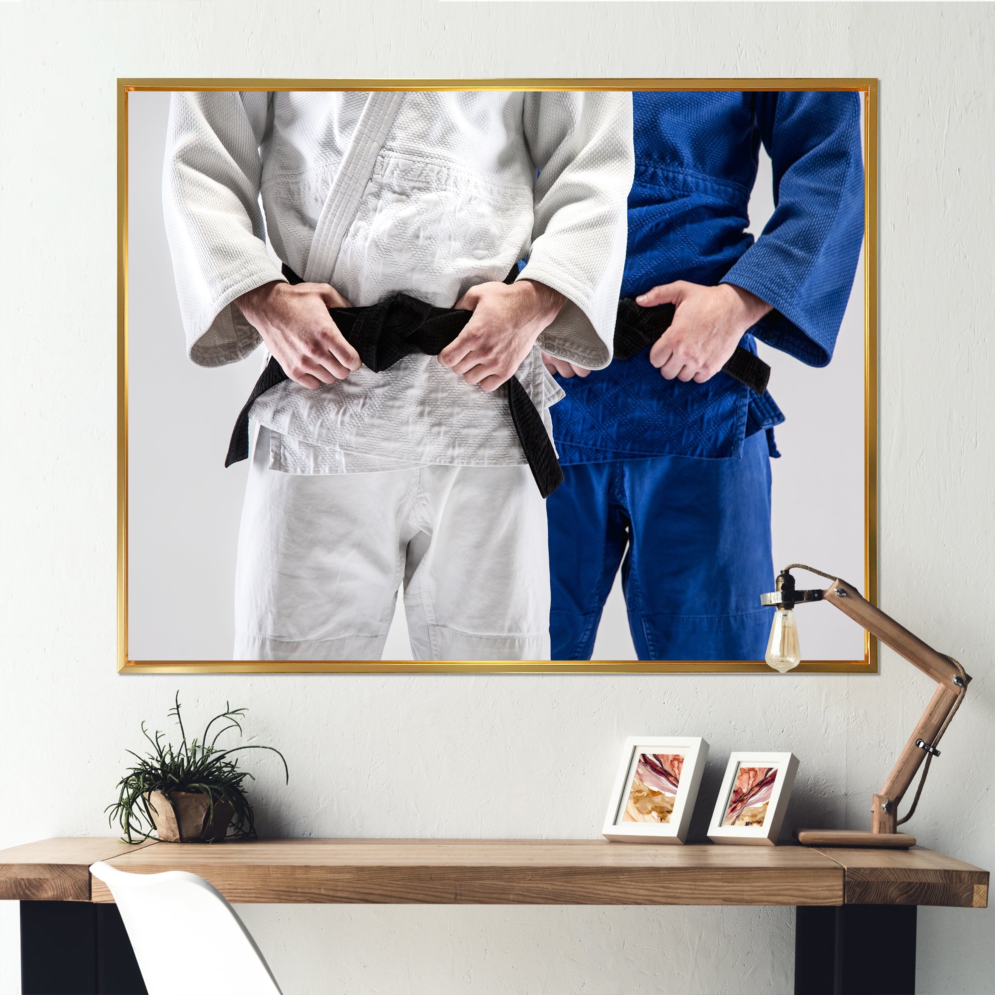 Fighting Judokas Fight Pose Black Belts. - Martial Arts Canvas Wall Art