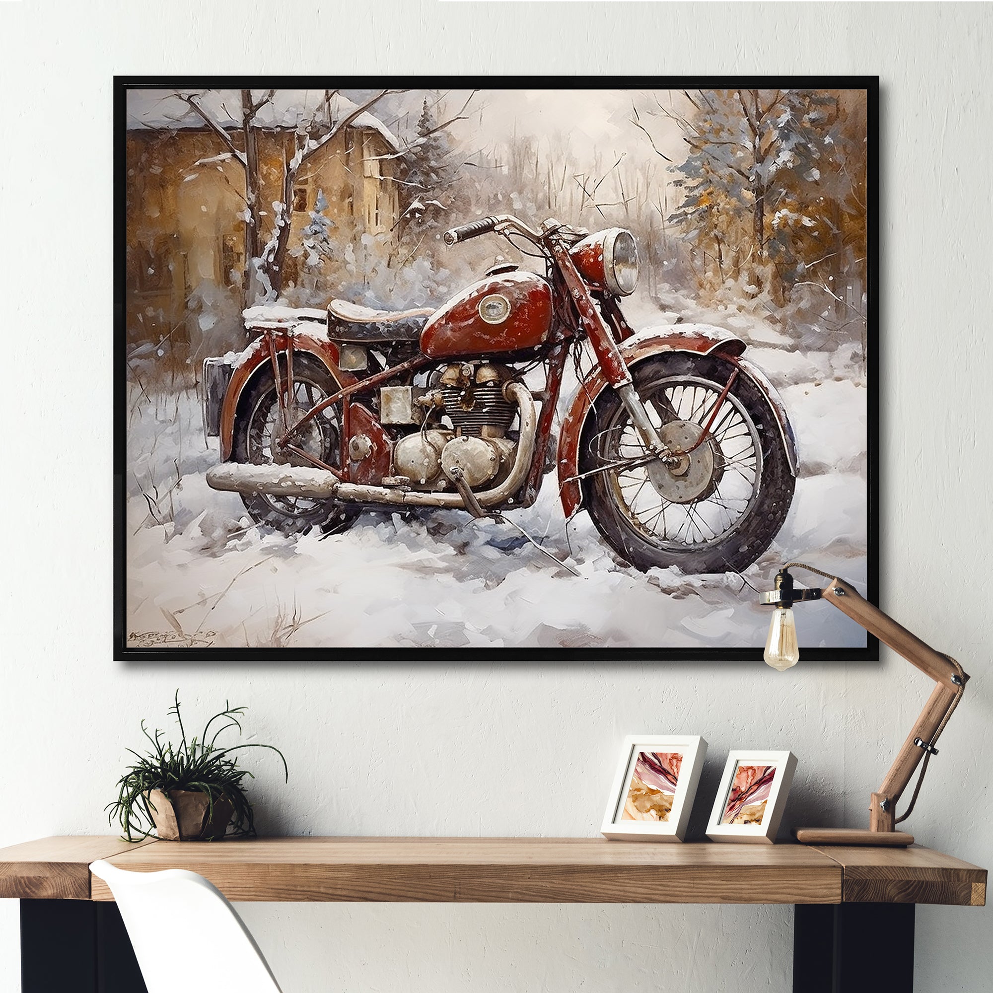 Red Rustic Bike In Winter - Motorcycle Canvas Wall Art