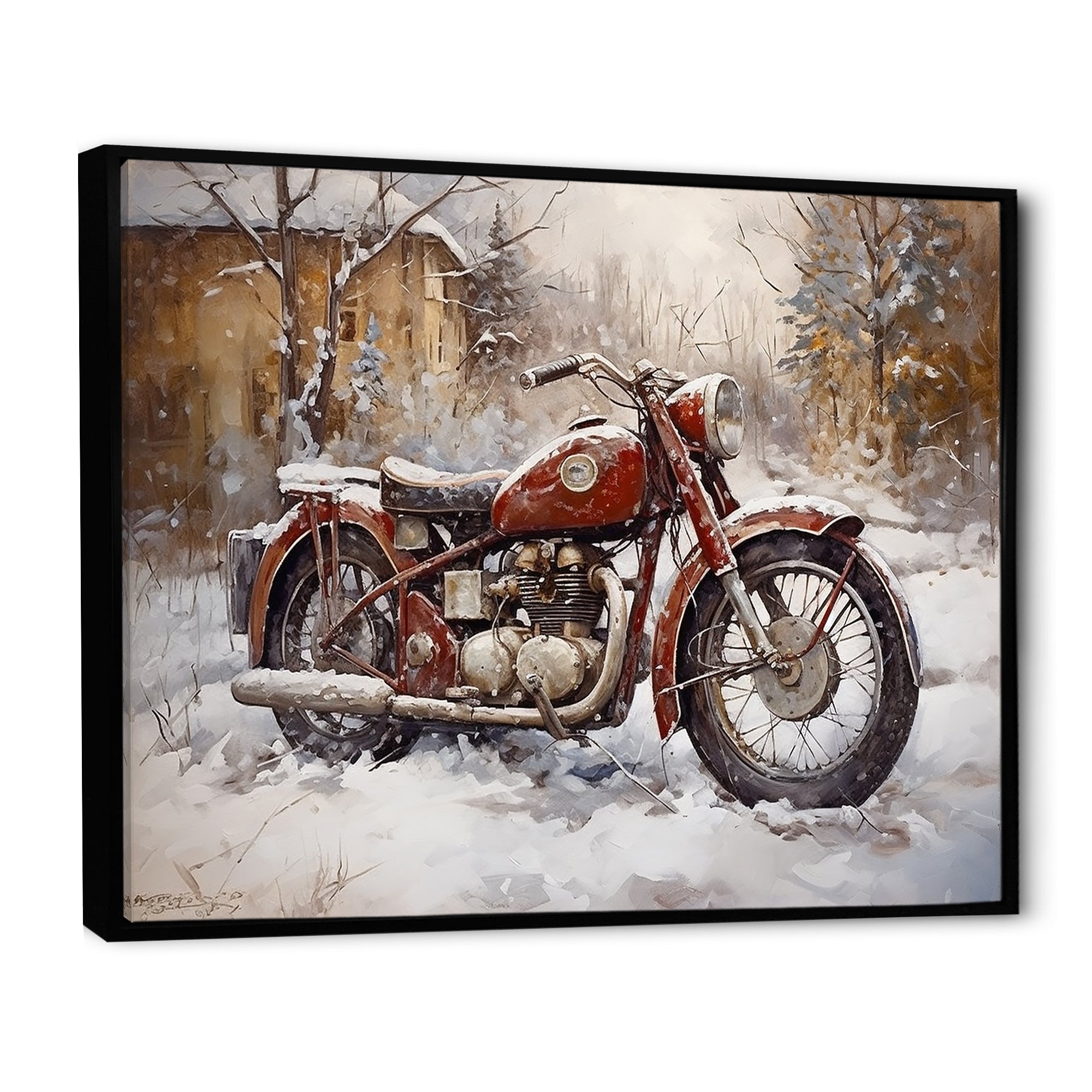 Red Rustic Bike In Winter - Motorcycle Canvas Wall Art