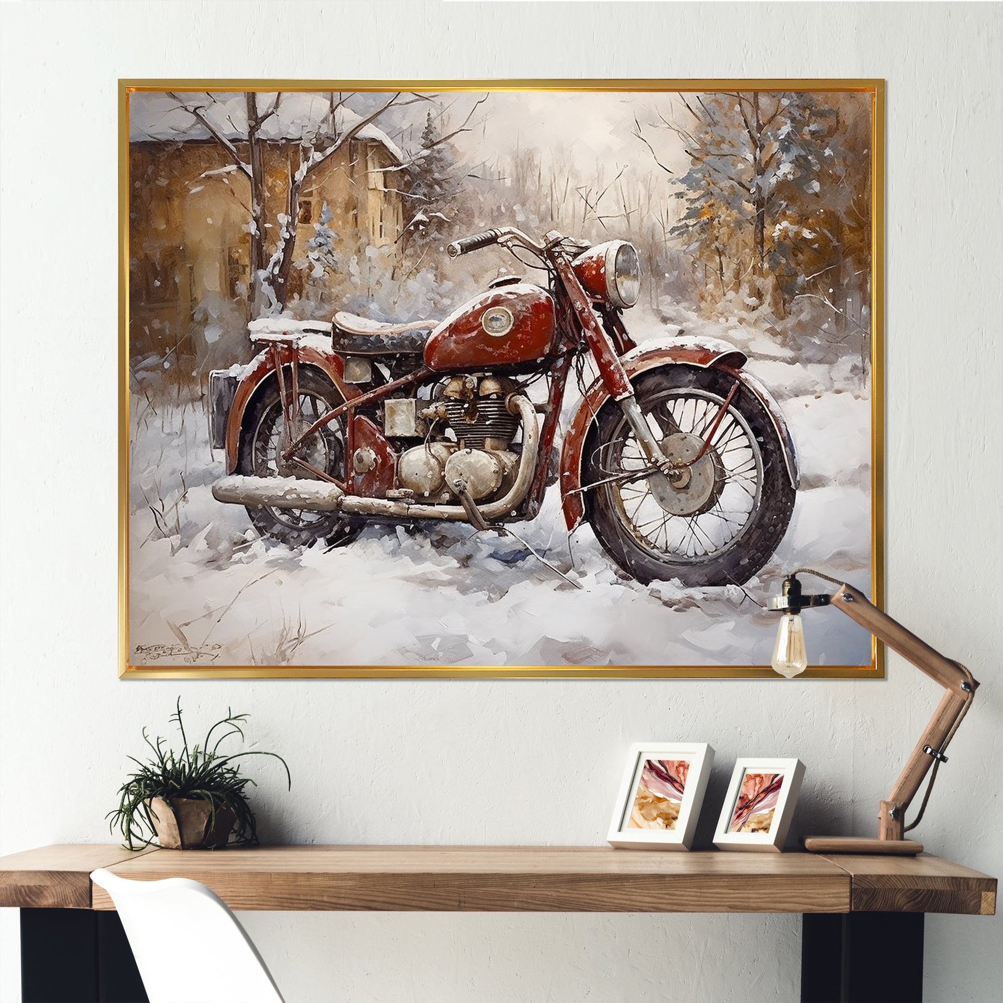 Red Rustic Bike In Winter - Motorcycle Canvas Wall Art