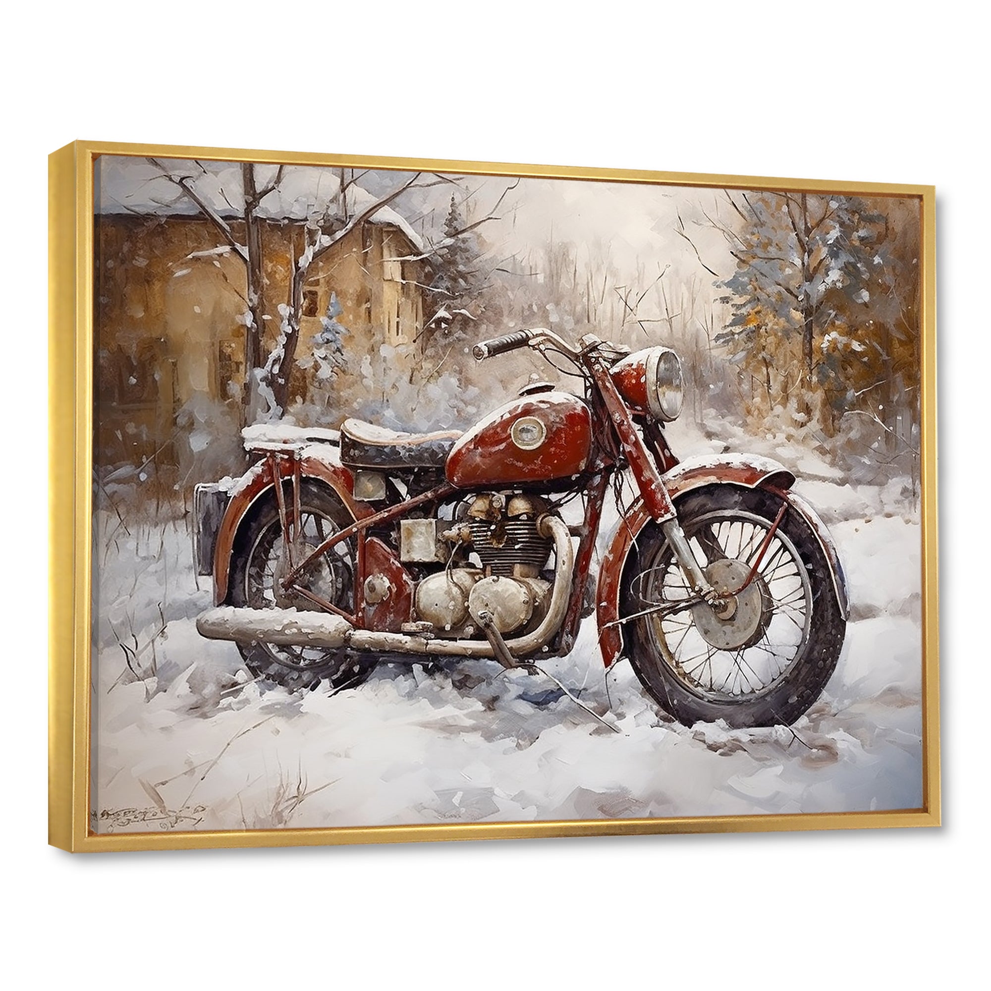 Red Rustic Bike In Winter - Motorcycle Canvas Wall Art