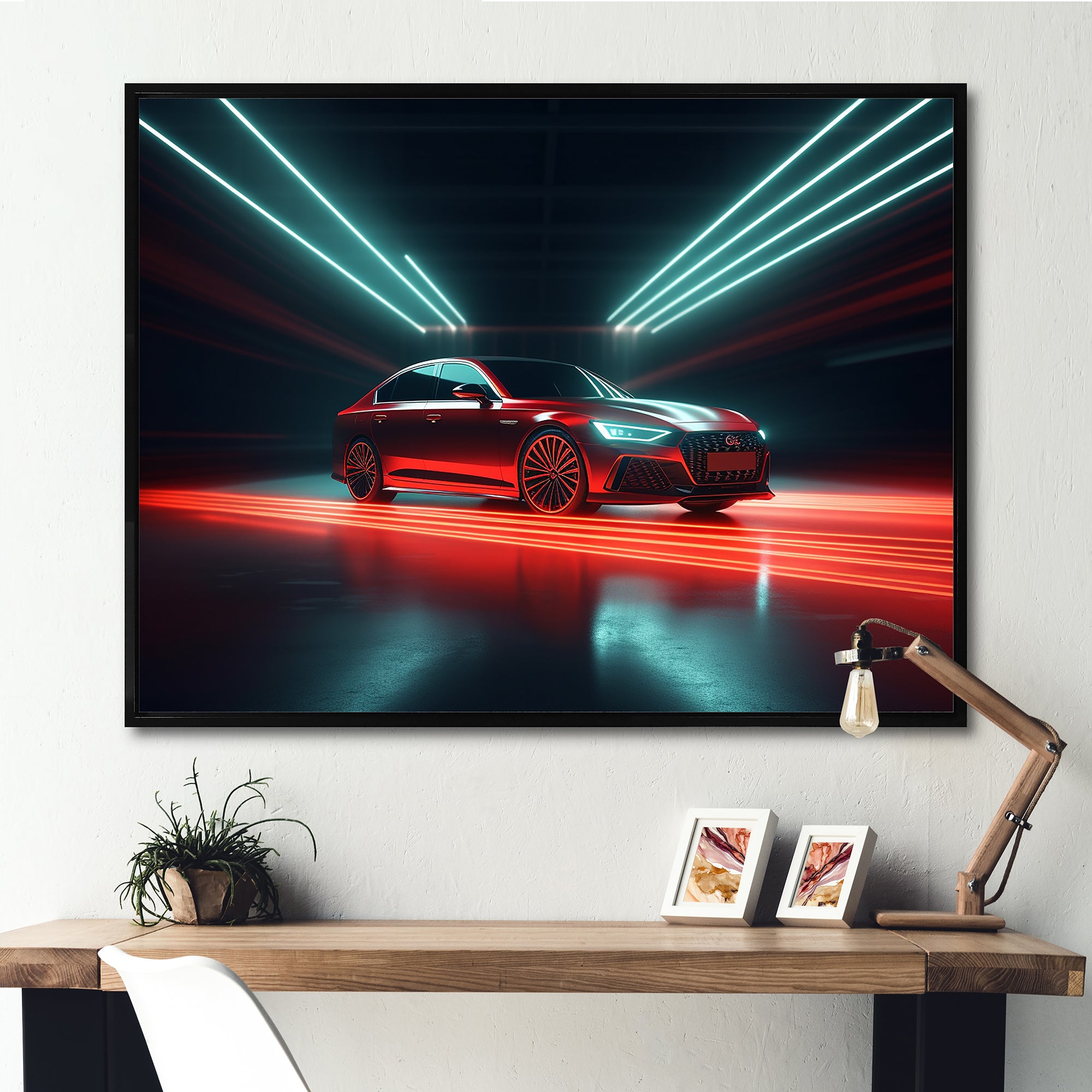 Neon Light Strips Around Red Sedan - Car/Van Canvas Wall Art