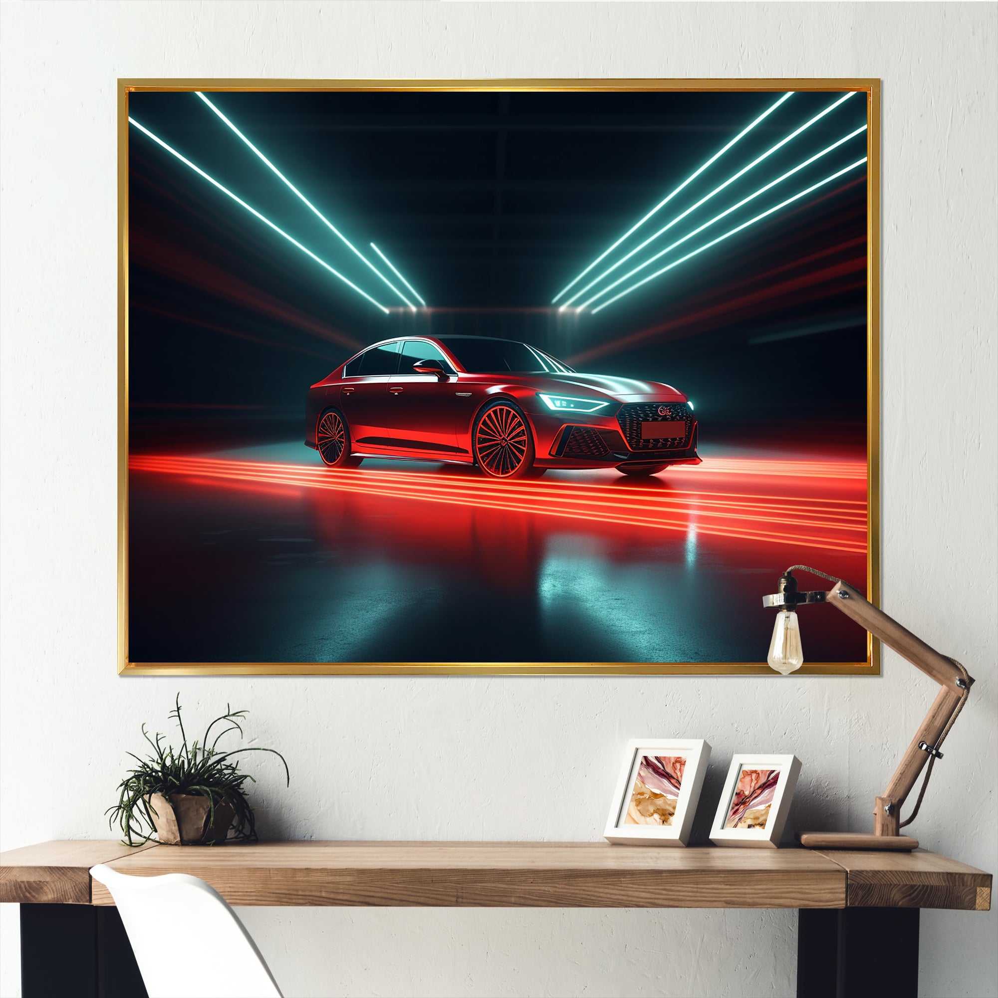 Neon Light Strips Around Red Sedan - Car/Van Canvas Wall Art