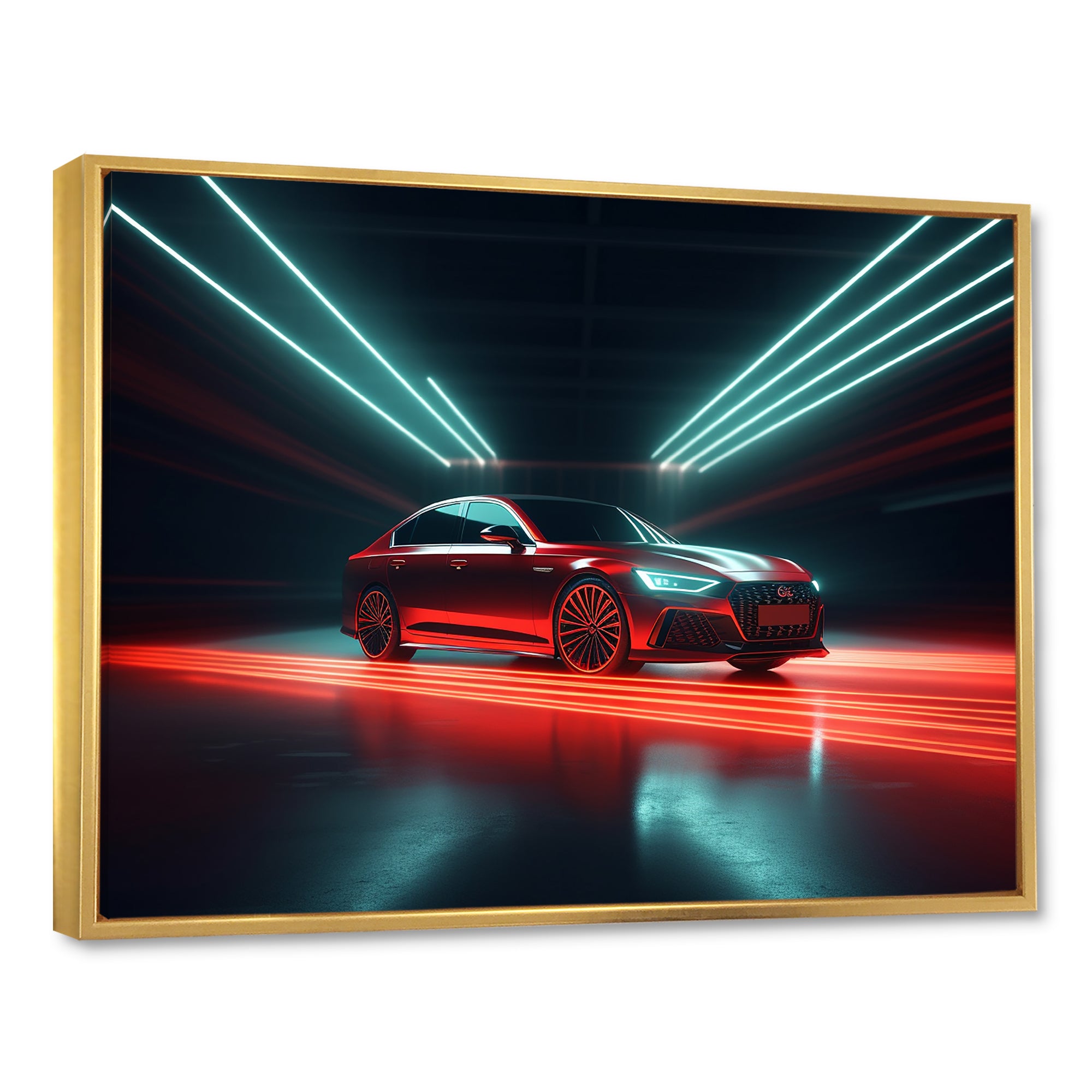 Neon Light Strips Around Red Sedan - Car/Van Canvas Wall Art