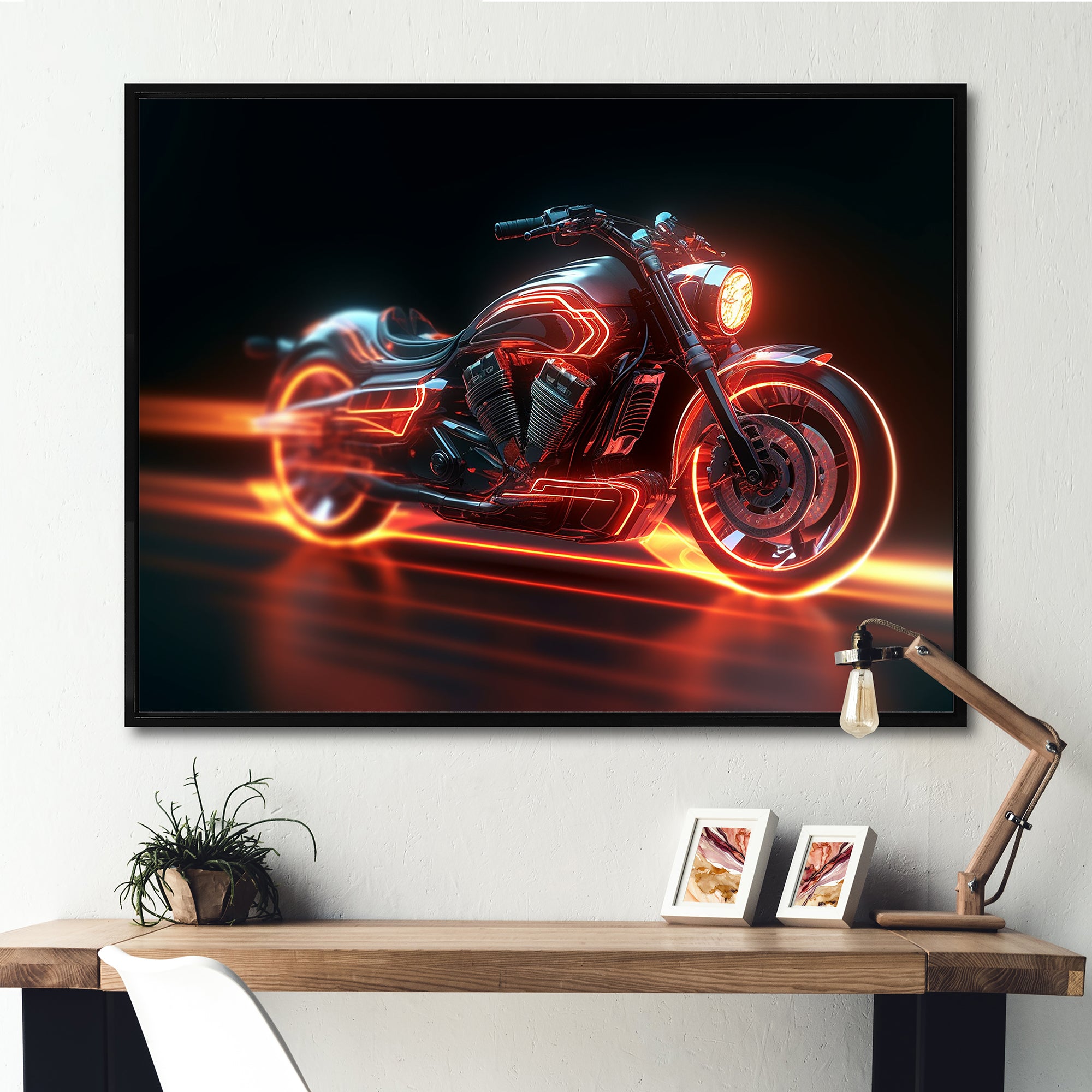 Neon Light Strips Around Silver Motorcycle - Car/Van Canvas Wall Art