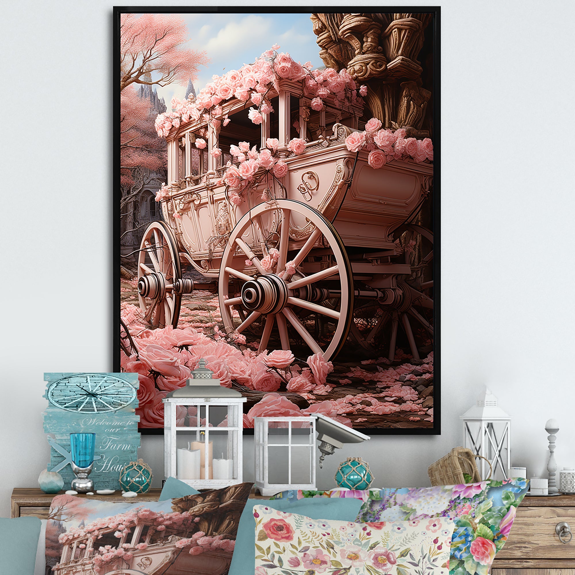 Romanticism Pink Wedding Carriage - Old American Cart Canvas Wall Art