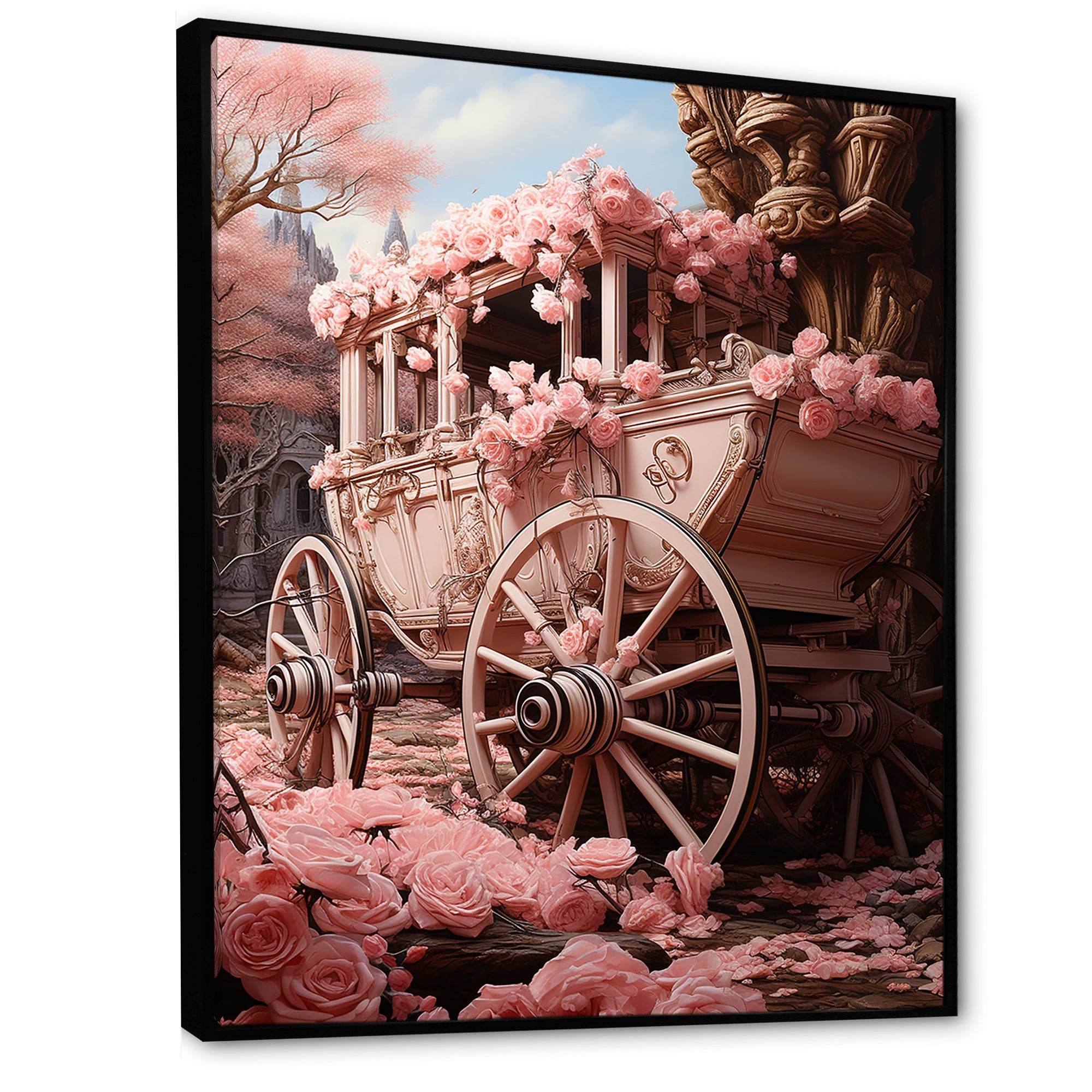 Romanticism Pink Wedding Carriage - Old American Cart Canvas Wall Art