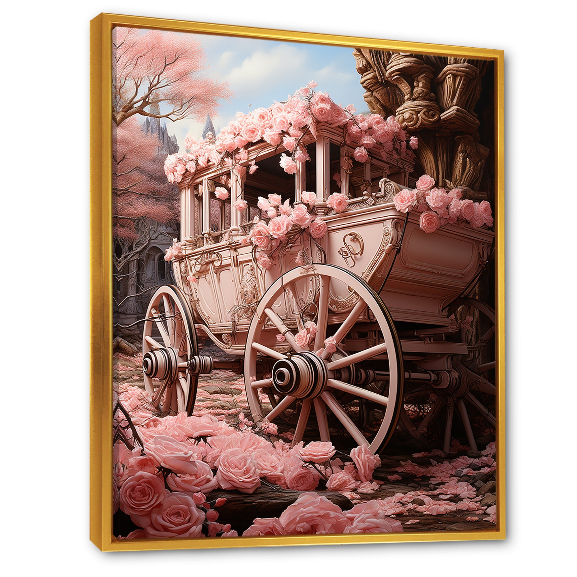 Romanticism Pink Wedding Carriage - Old American Cart Canvas Wall Art