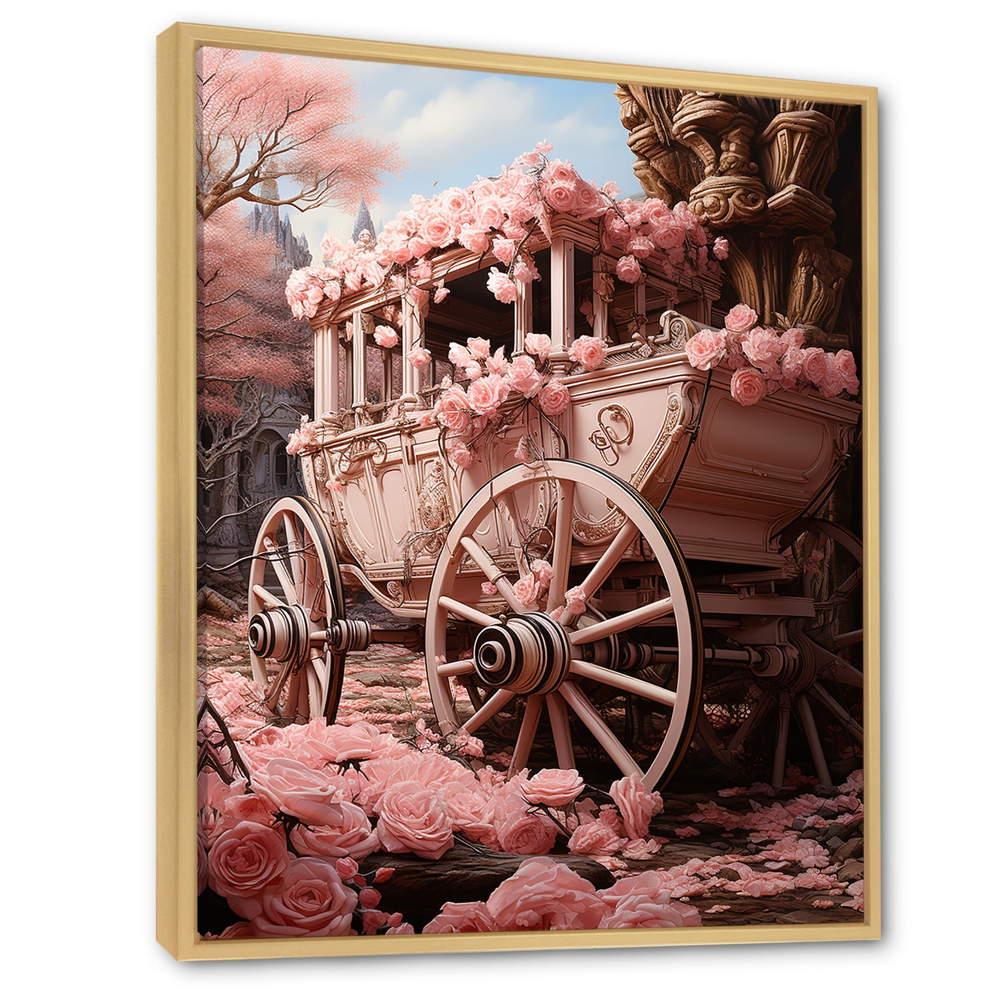 Romanticism Pink Wedding Carriage - Old American Cart Canvas Wall Art