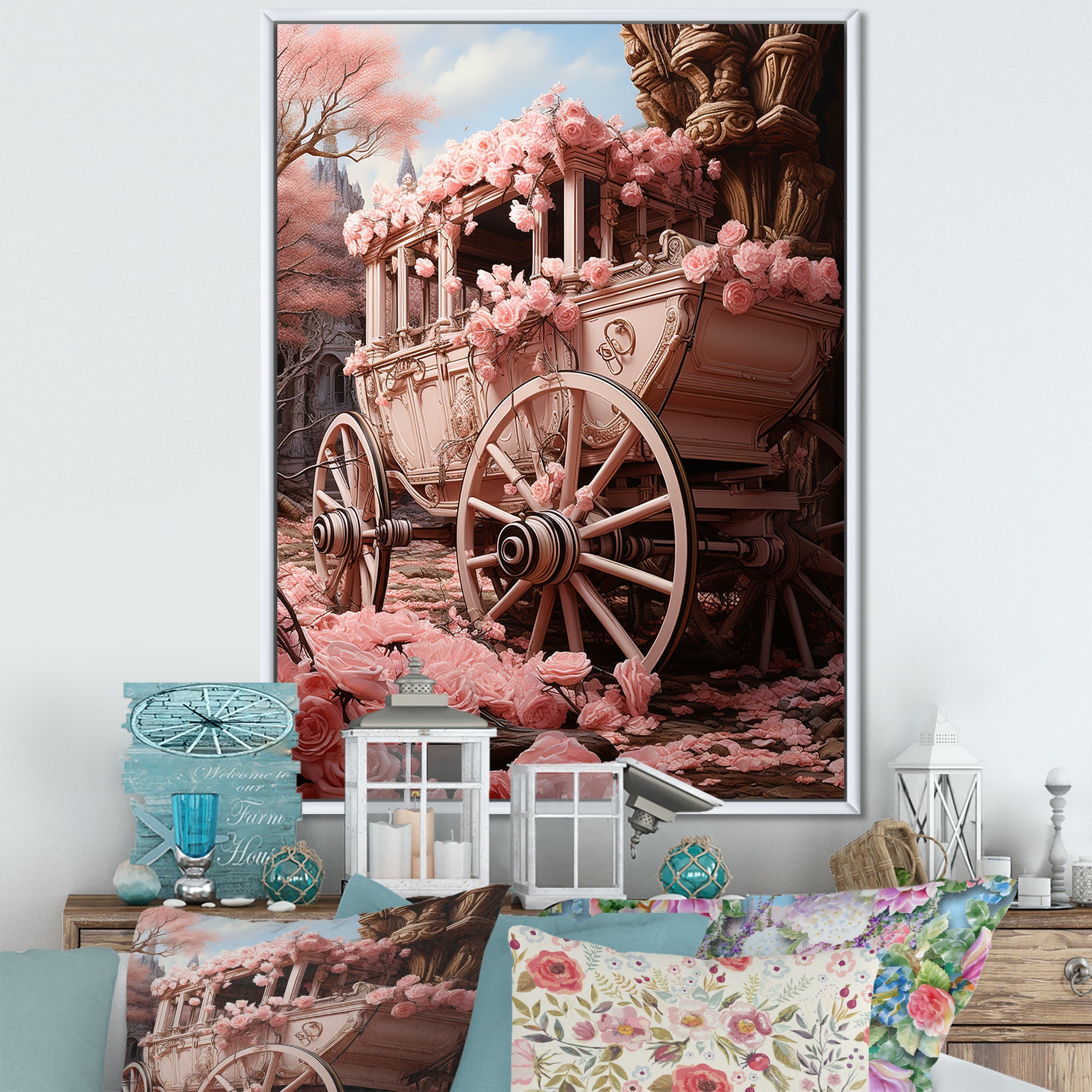 Romanticism Pink Wedding Carriage - Old American Cart Canvas Wall Art