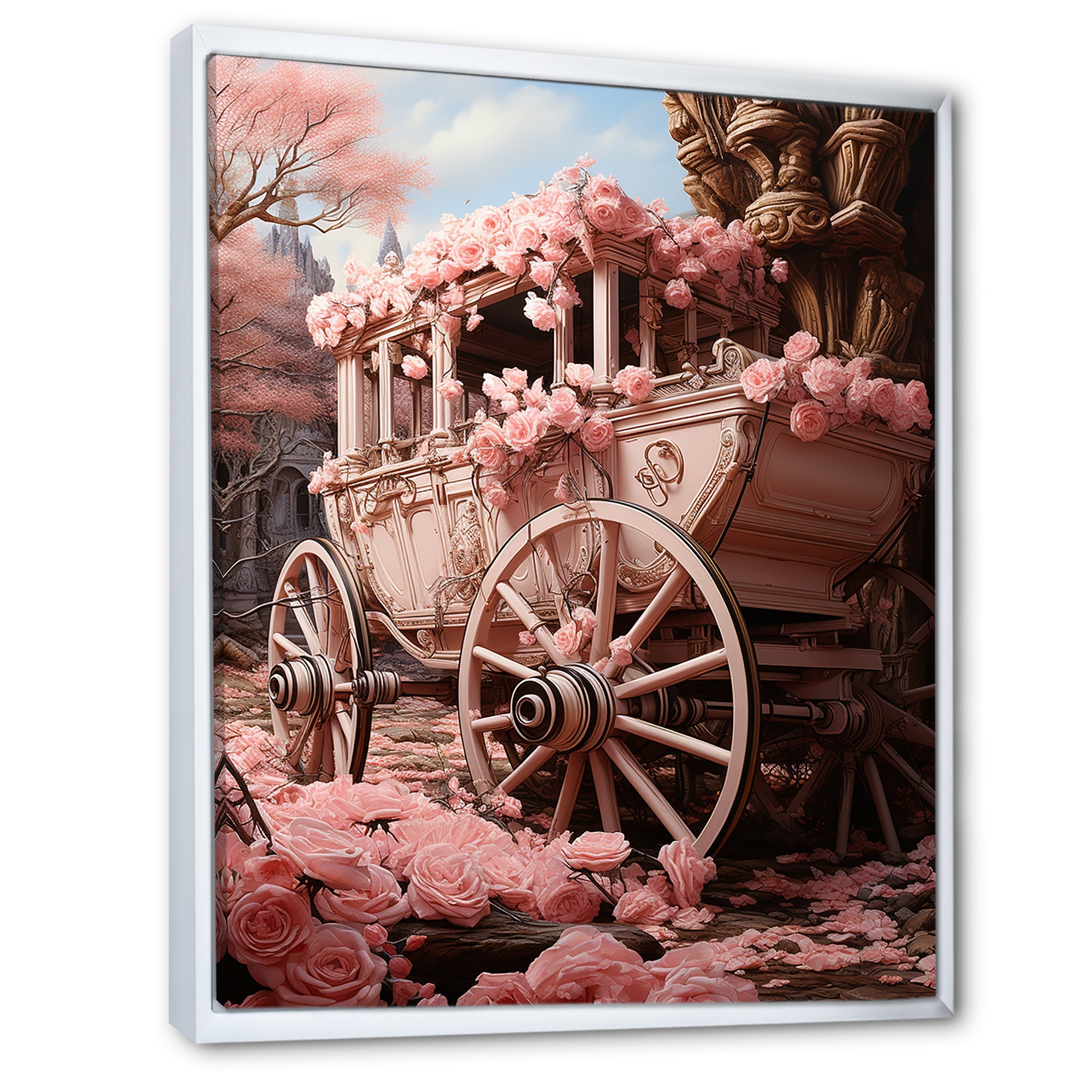 Romanticism Pink Wedding Carriage - Old American Cart Canvas Wall Art