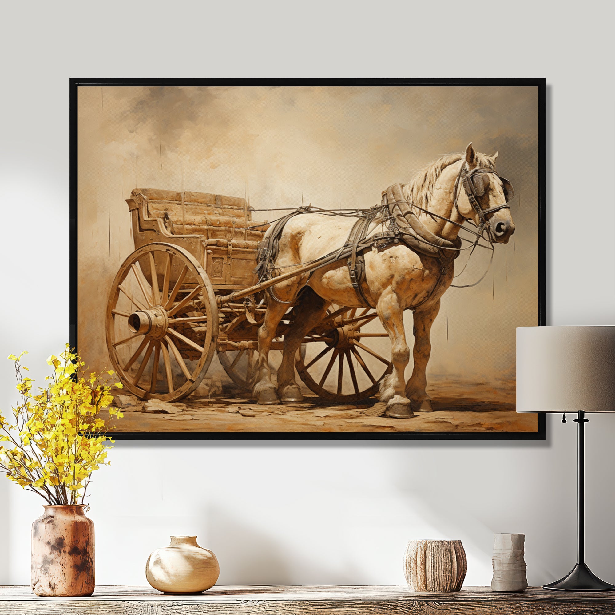 Minimalism Old American Cart With Horse - Old American Cart Canvas Wall Art