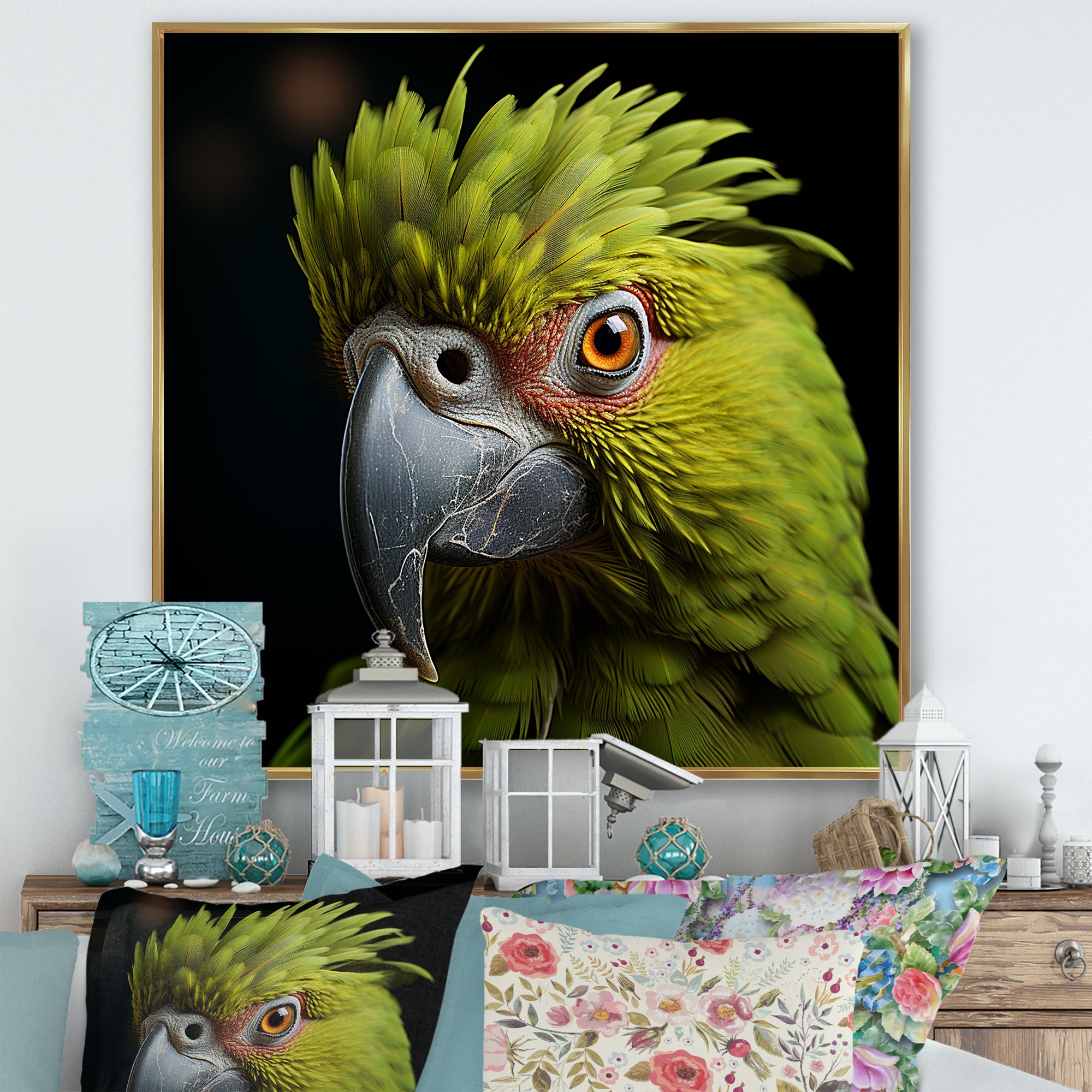 Green Eternal Feathered Vibrance - Parrot Framed Canvas Art