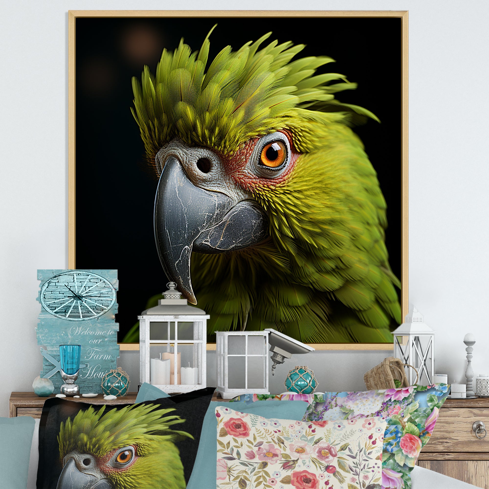 Green Eternal Feathered Vibrance - Parrot Framed Canvas Art