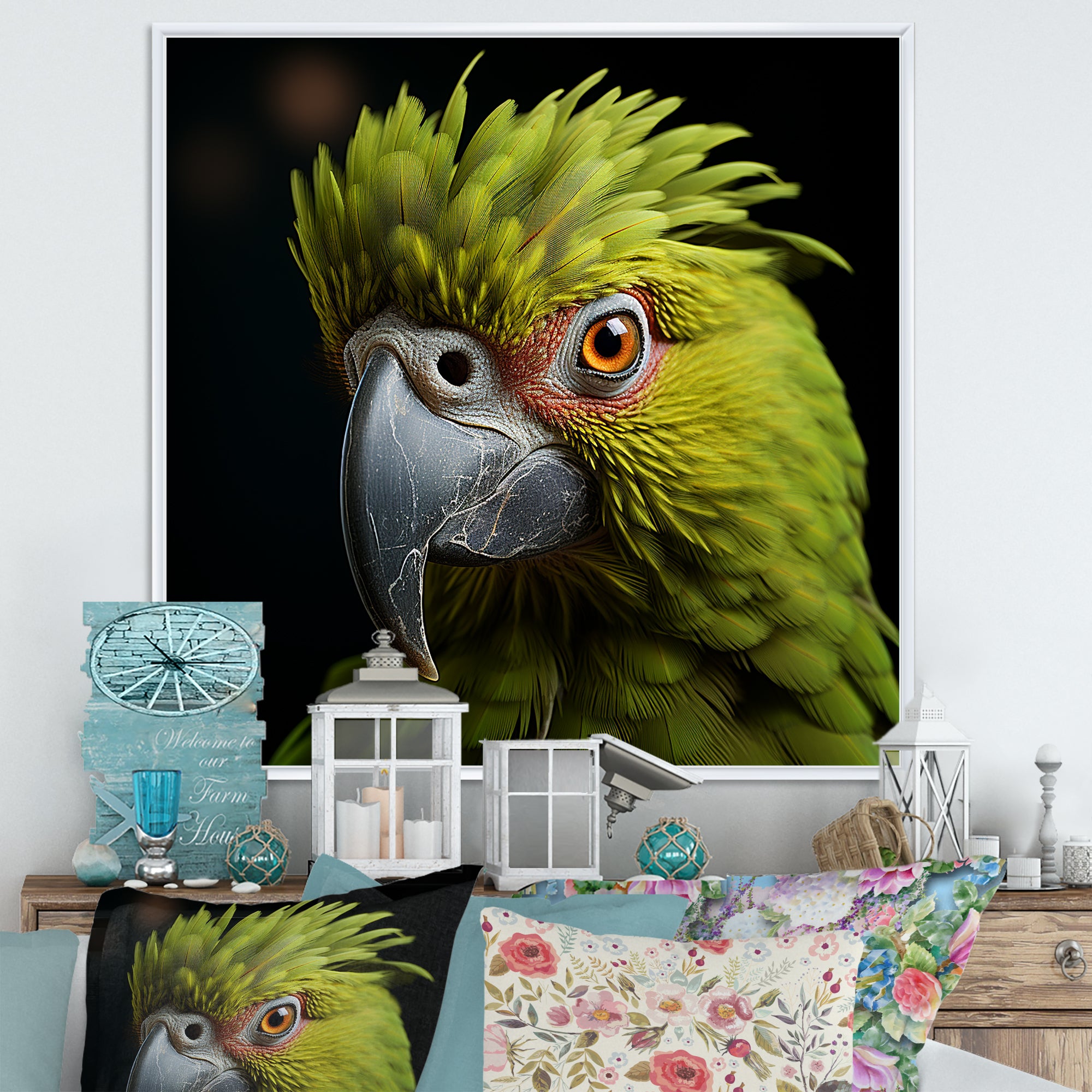 Green Eternal Feathered Vibrance - Parrot Framed Canvas Art